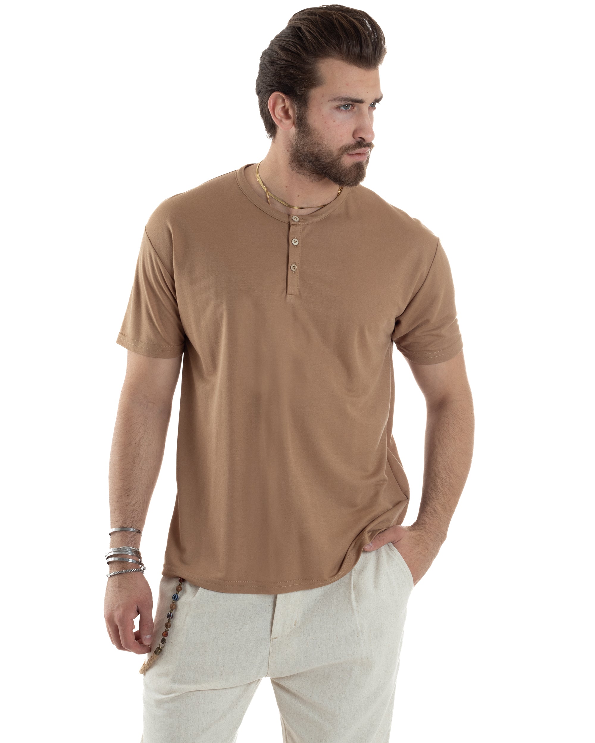 T-shirt Uomo Maniche Corte Viscosa Collo Serafino Maglia Con Bottoni Casual Camel GIOSAL-TS3038A