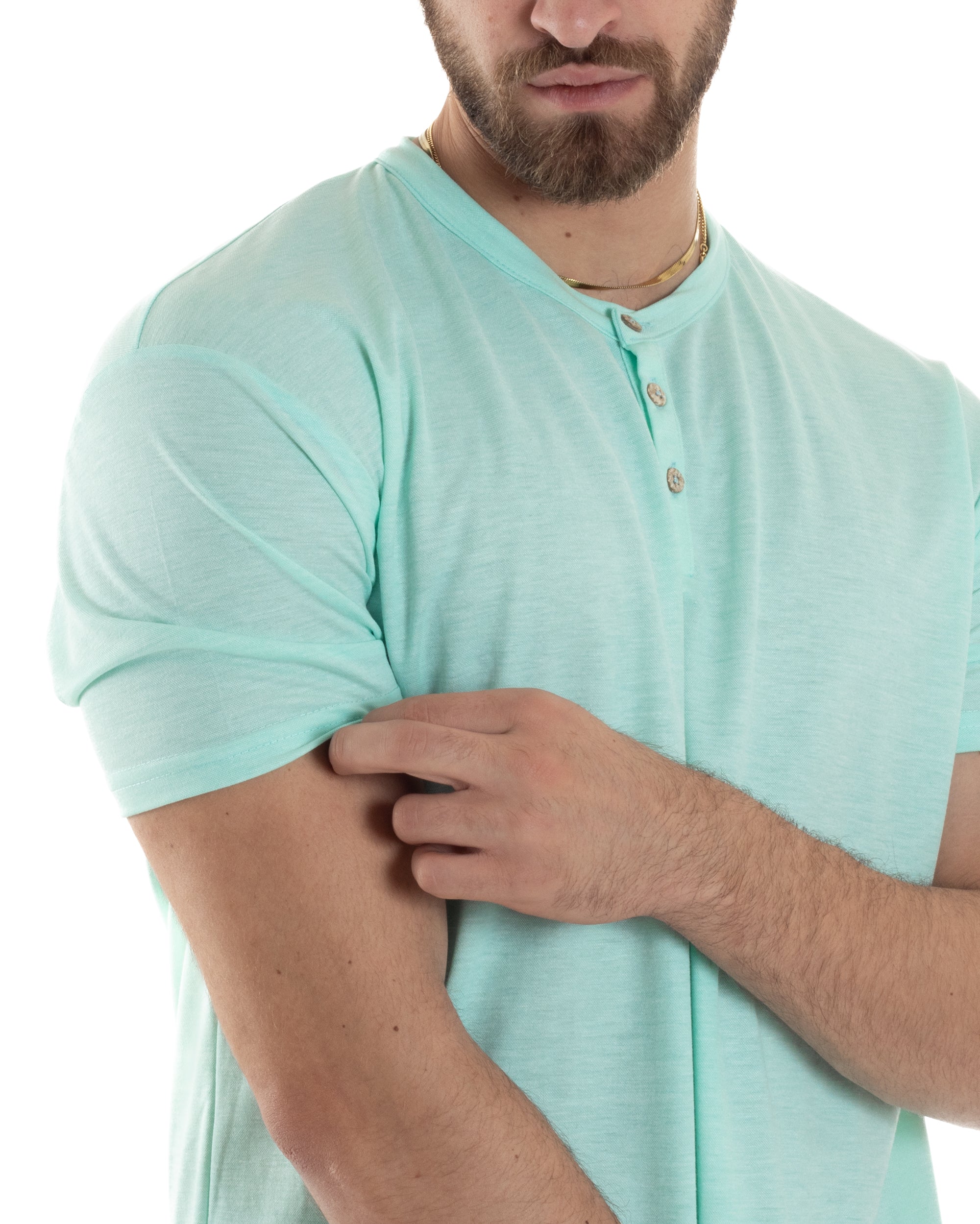 T-shirt Uomo Maniche Corte Viscosa Collo Serafino Maglia Con Bottoni Casual Verde Acqua GIOSAL-TS3042A