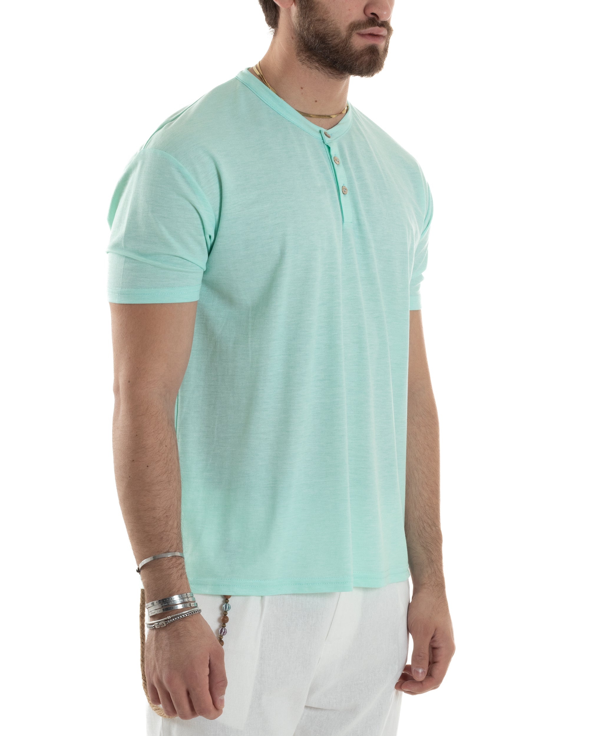 T-shirt Uomo Maniche Corte Viscosa Collo Serafino Maglia Con Bottoni Casual Verde Acqua GIOSAL-TS3042A