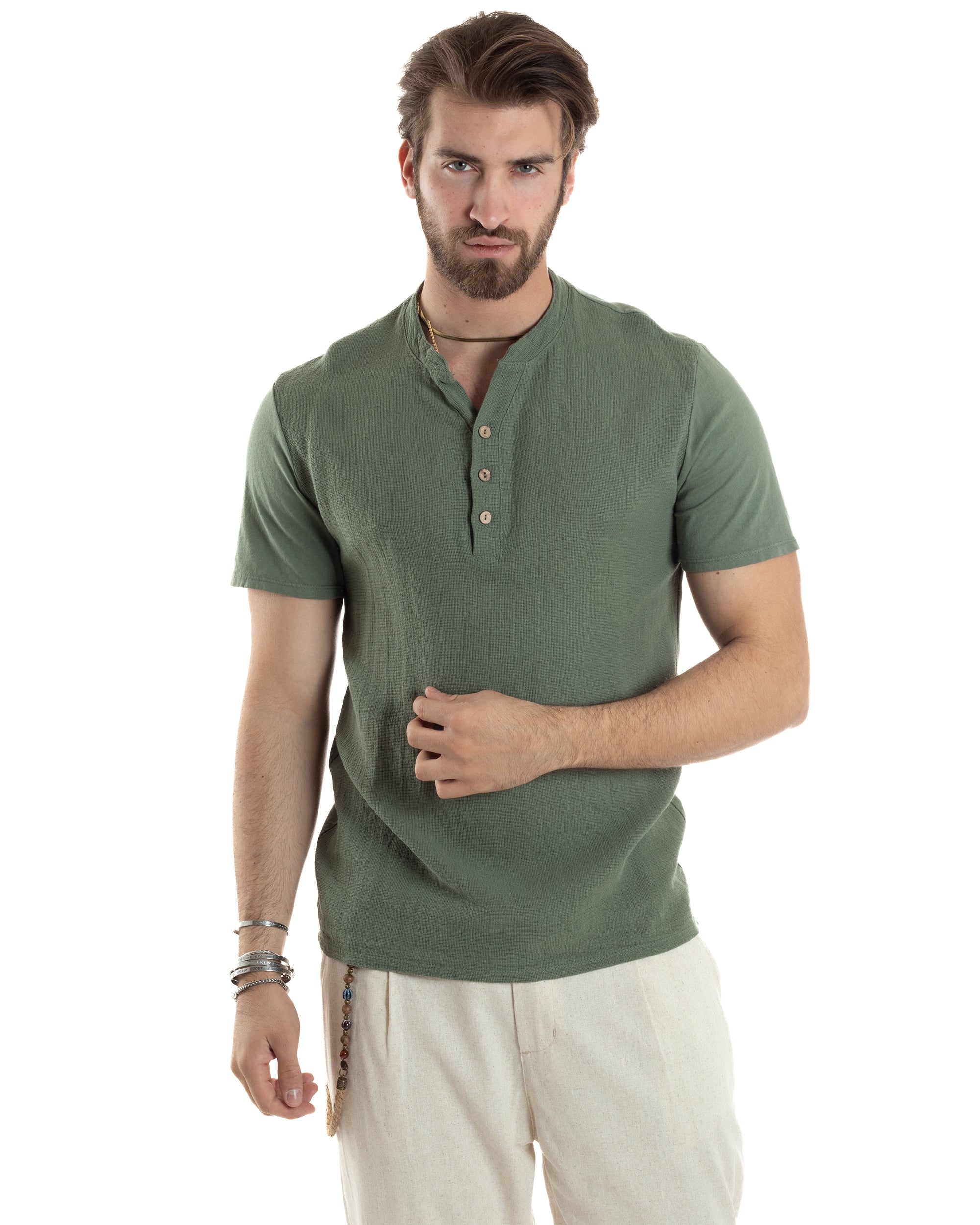 T-shirt Uomo Collo Serafino Bottoni Tinta Unita Maniche Corte Cotone Verde Casual GIOSAL-TS3044A