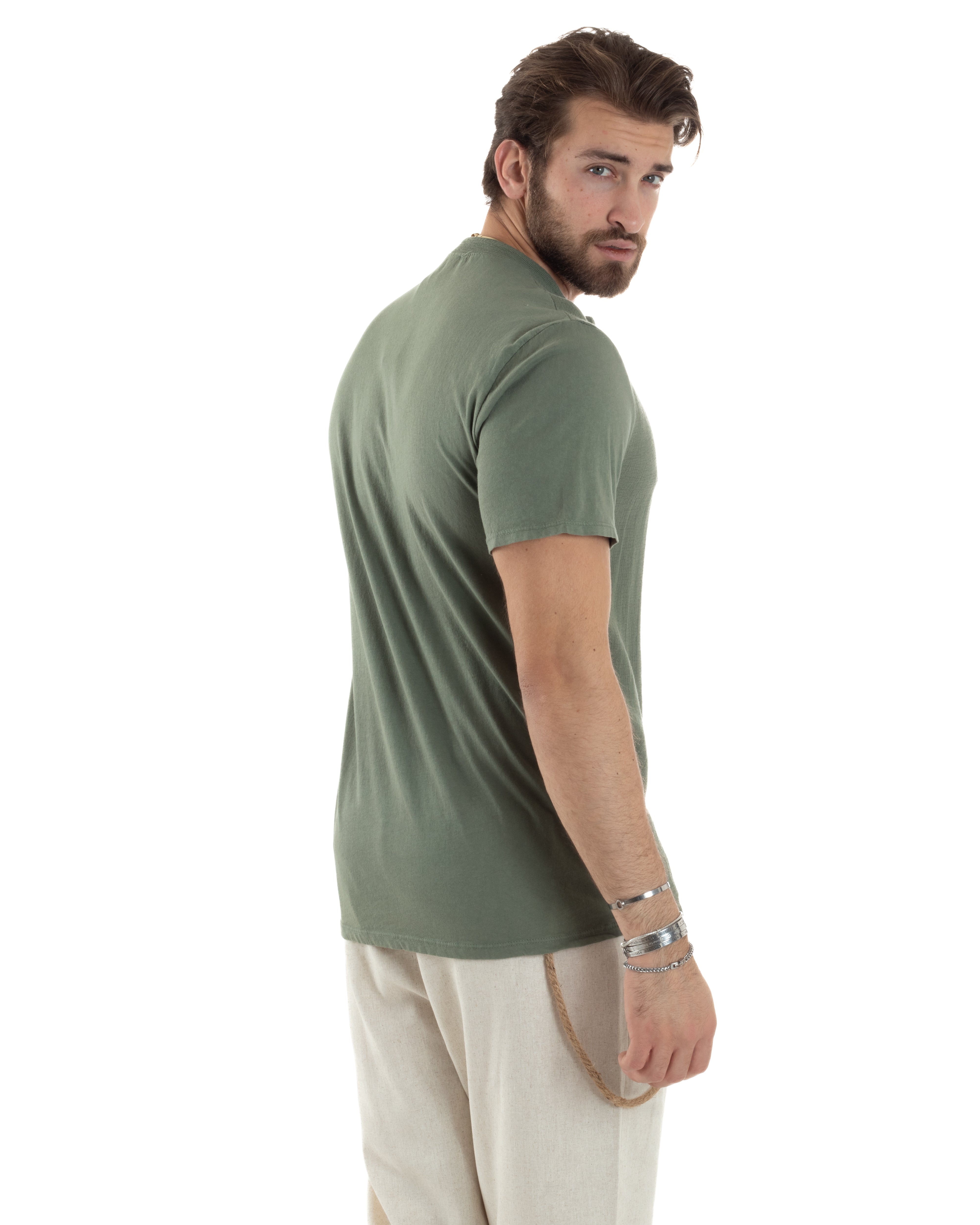 T-shirt Uomo Collo Serafino Bottoni Tinta Unita Maniche Corte Cotone Verde Casual GIOSAL-TS3044A