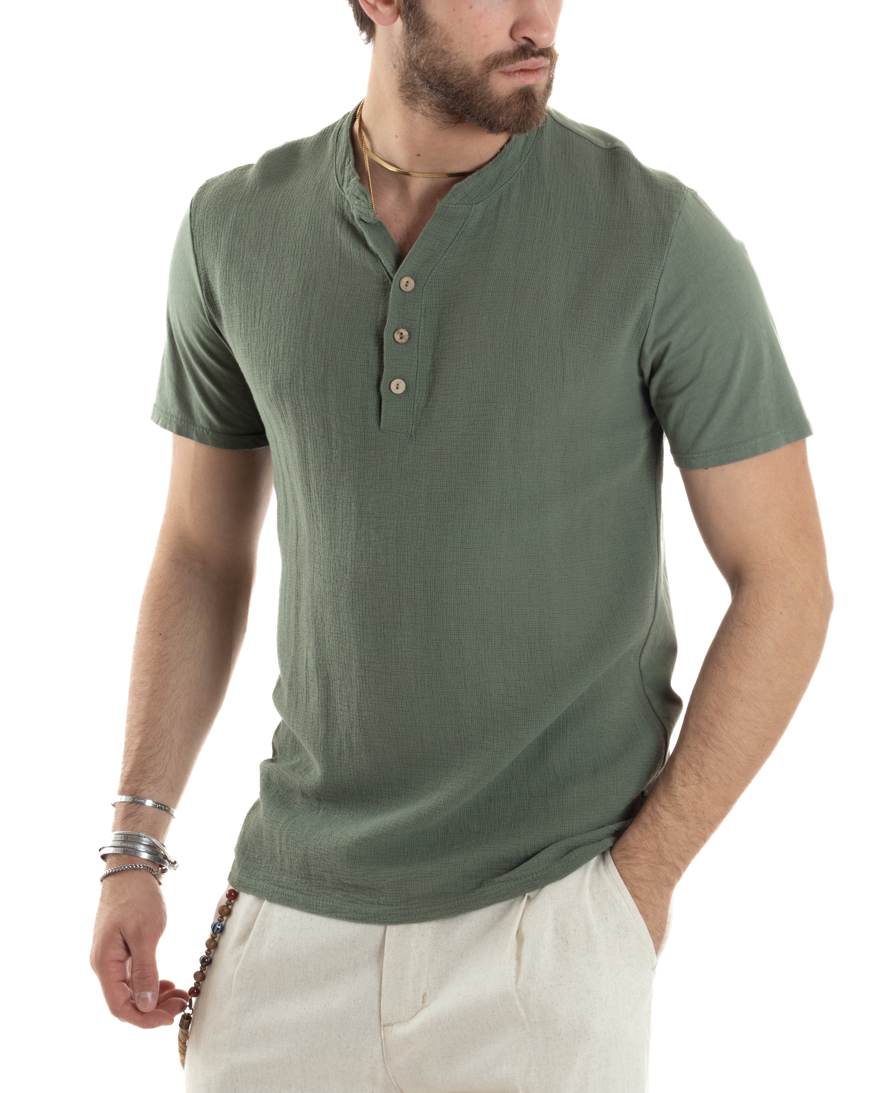 T-shirt Uomo Collo Serafino Bottoni Tinta Unita Maniche Corte Cotone Verde Casual GIOSAL-TS3044A