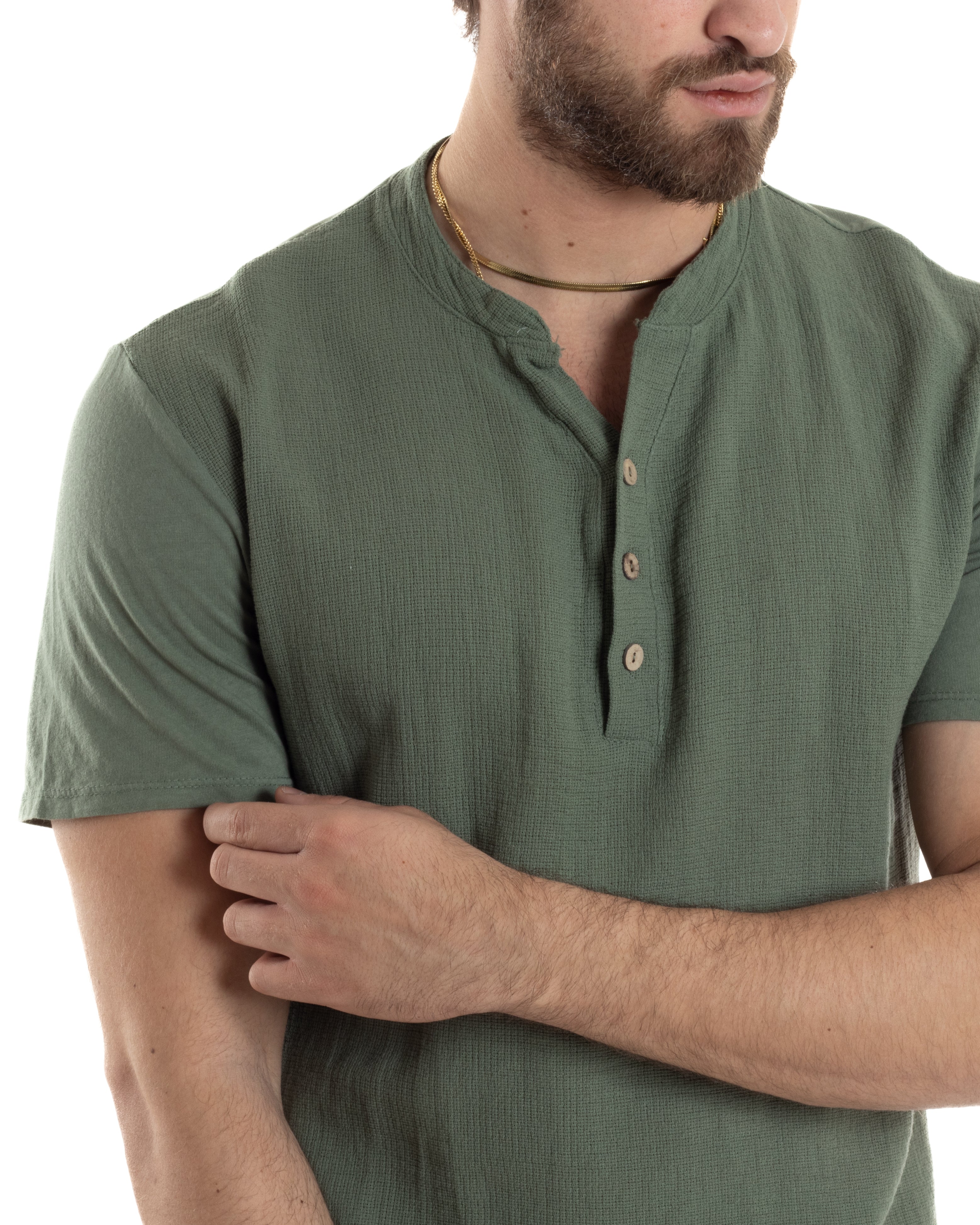 T-shirt Uomo Collo Serafino Bottoni Tinta Unita Maniche Corte Cotone Verde Casual GIOSAL-TS3044A