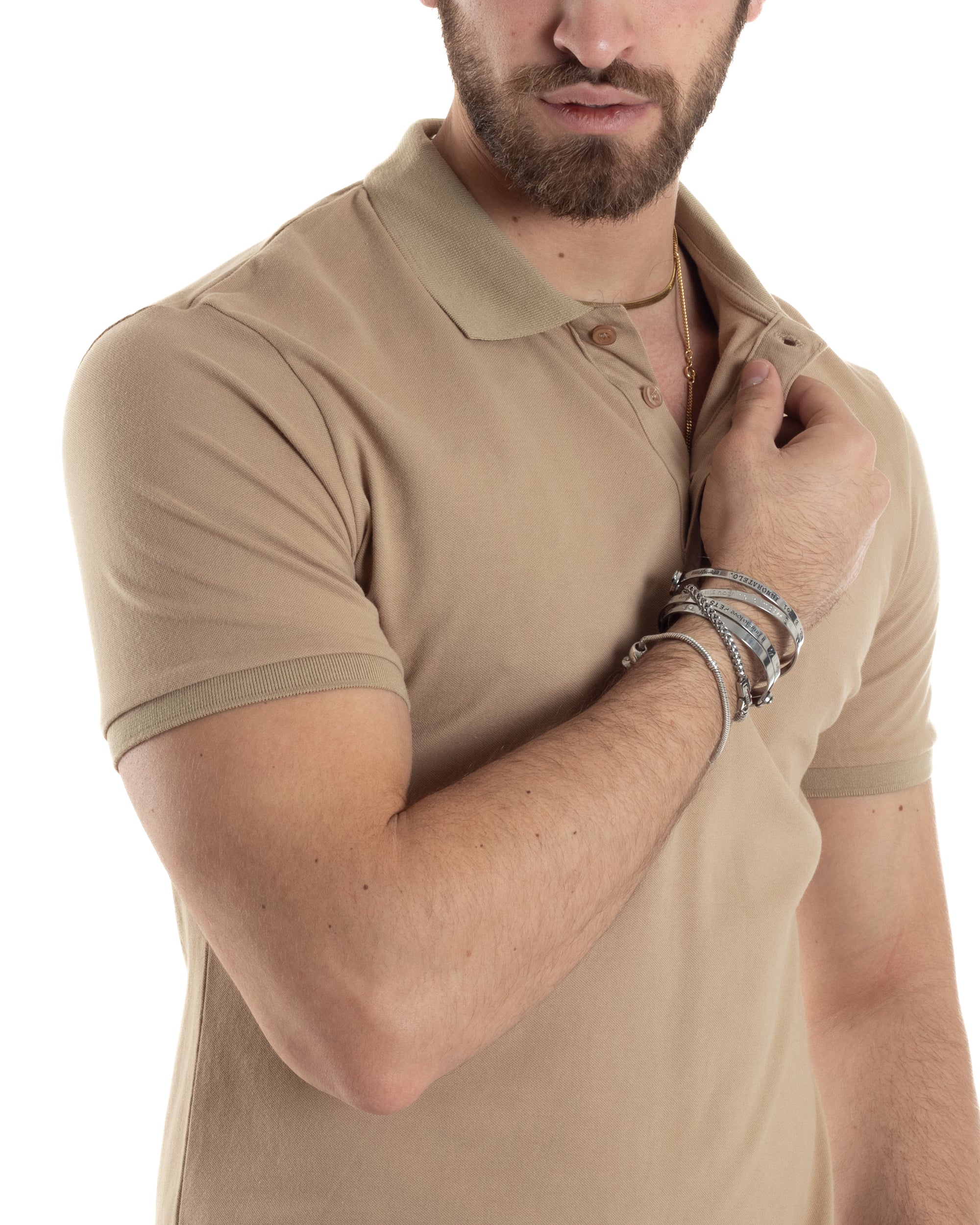 Polo Uomo Maniche Corte T-shirt Con Colletto Bottoncini Basic Slim Fit Casual Tinta Unita Camel GIOSAL-TS3045A