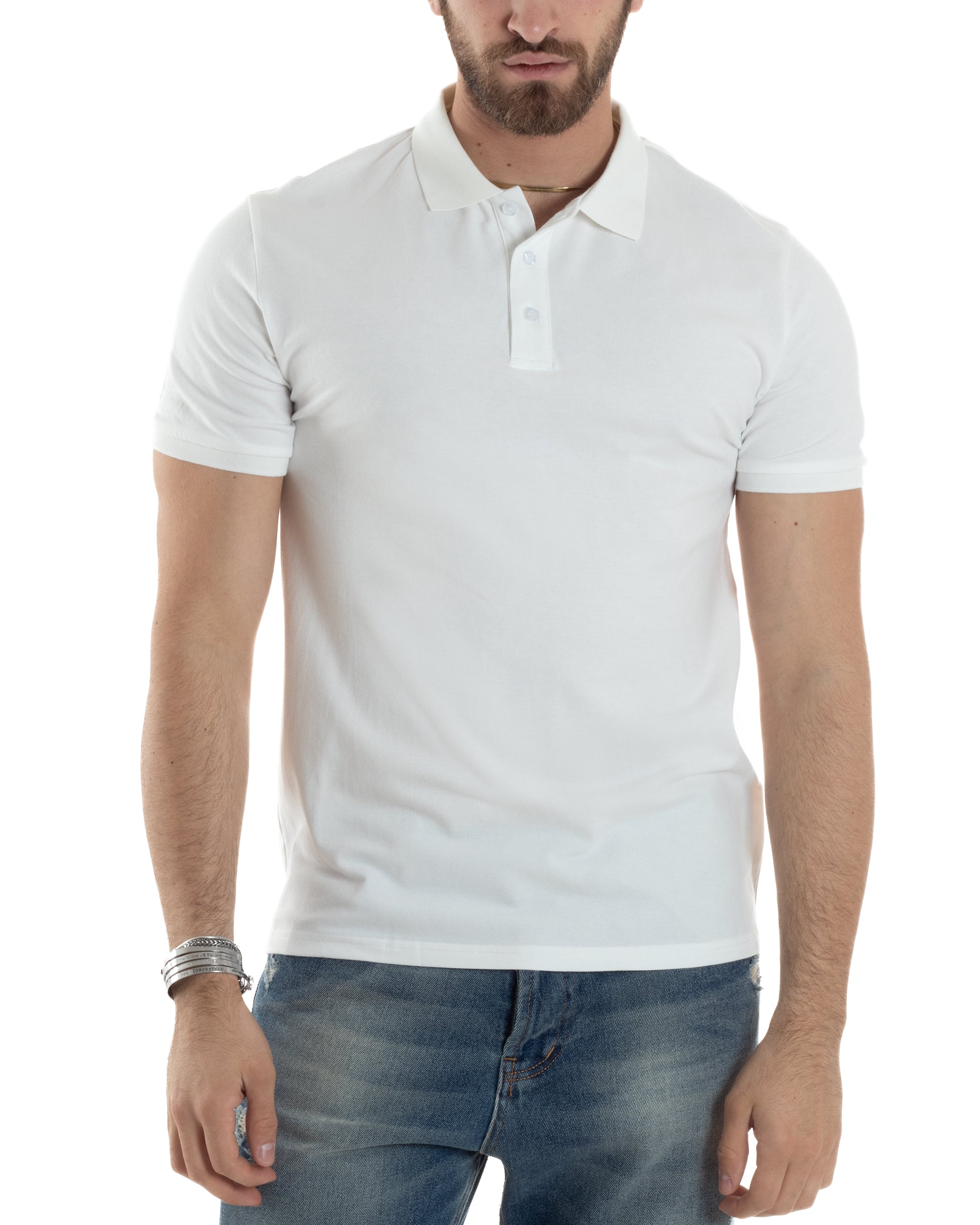 Polo Uomo Maniche Corte T-shirt Con Colletto Bottoncini Basic Slim Fit Casual Tinta Unita Bianco GIOSAL-TS3047A