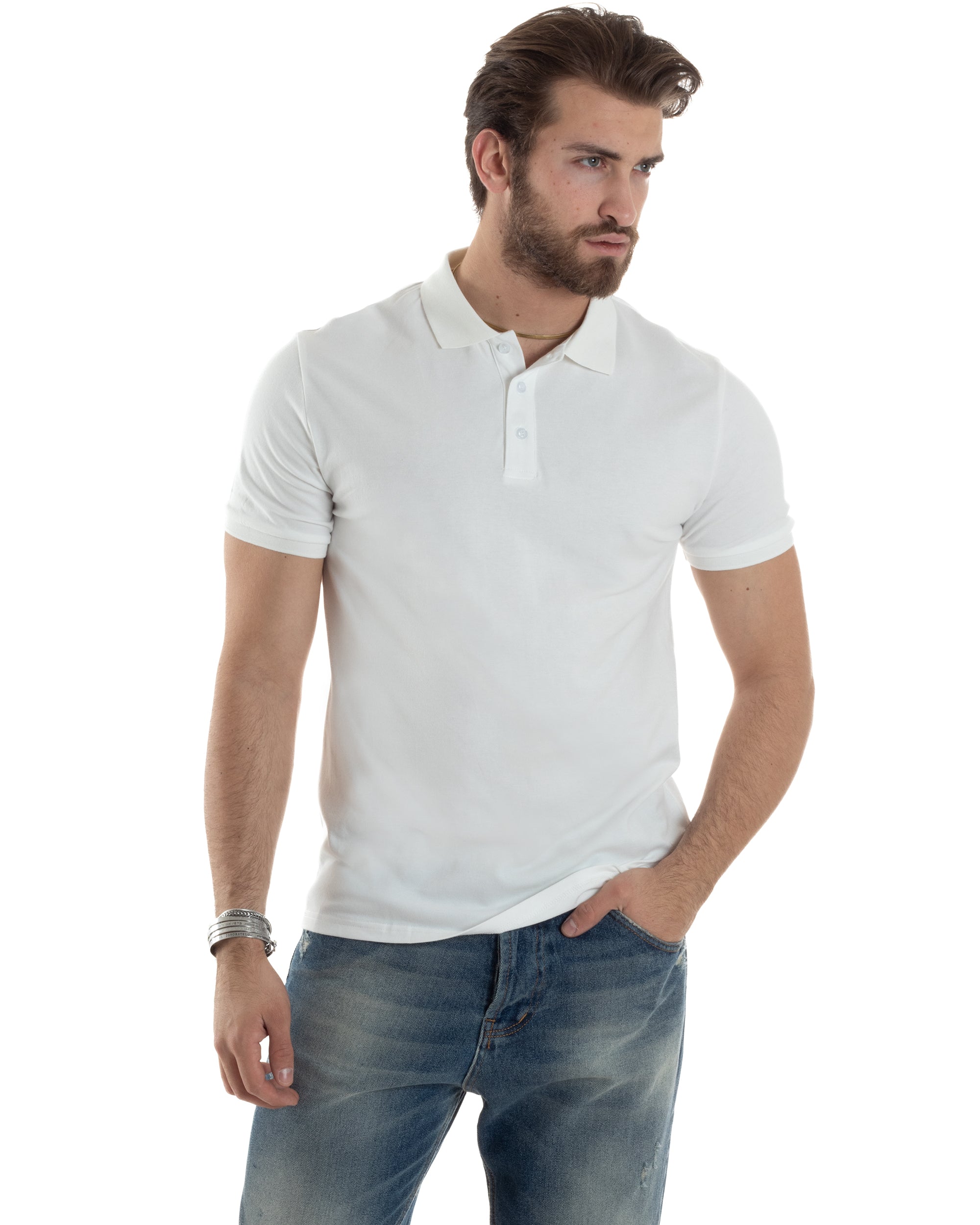 Polo Uomo Maniche Corte T-shirt Con Colletto Bottoncini Basic Slim Fit Casual Tinta Unita Bianco GIOSAL-TS3047A