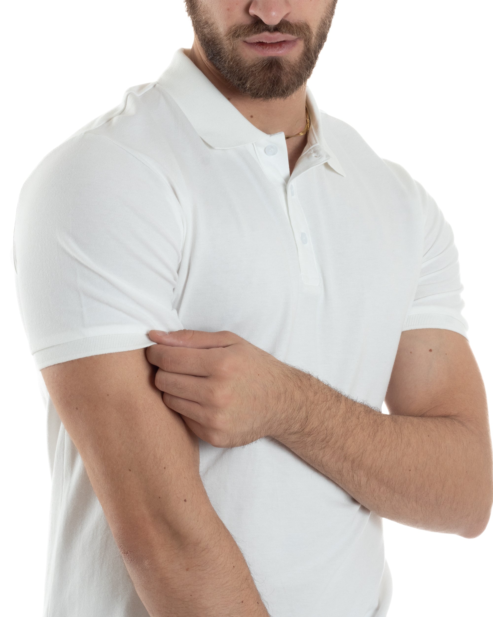 Polo Uomo Maniche Corte T-shirt Con Colletto Bottoncini Basic Slim Fit Casual Tinta Unita Bianco GIOSAL-TS3047A