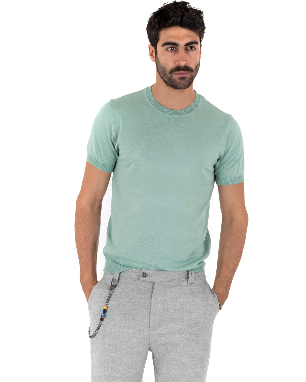 T-Shirt Uomo Manica Corta Tinta Unita Verde Salvia Girocollo Filo Casual GIOSAL-TS3050A