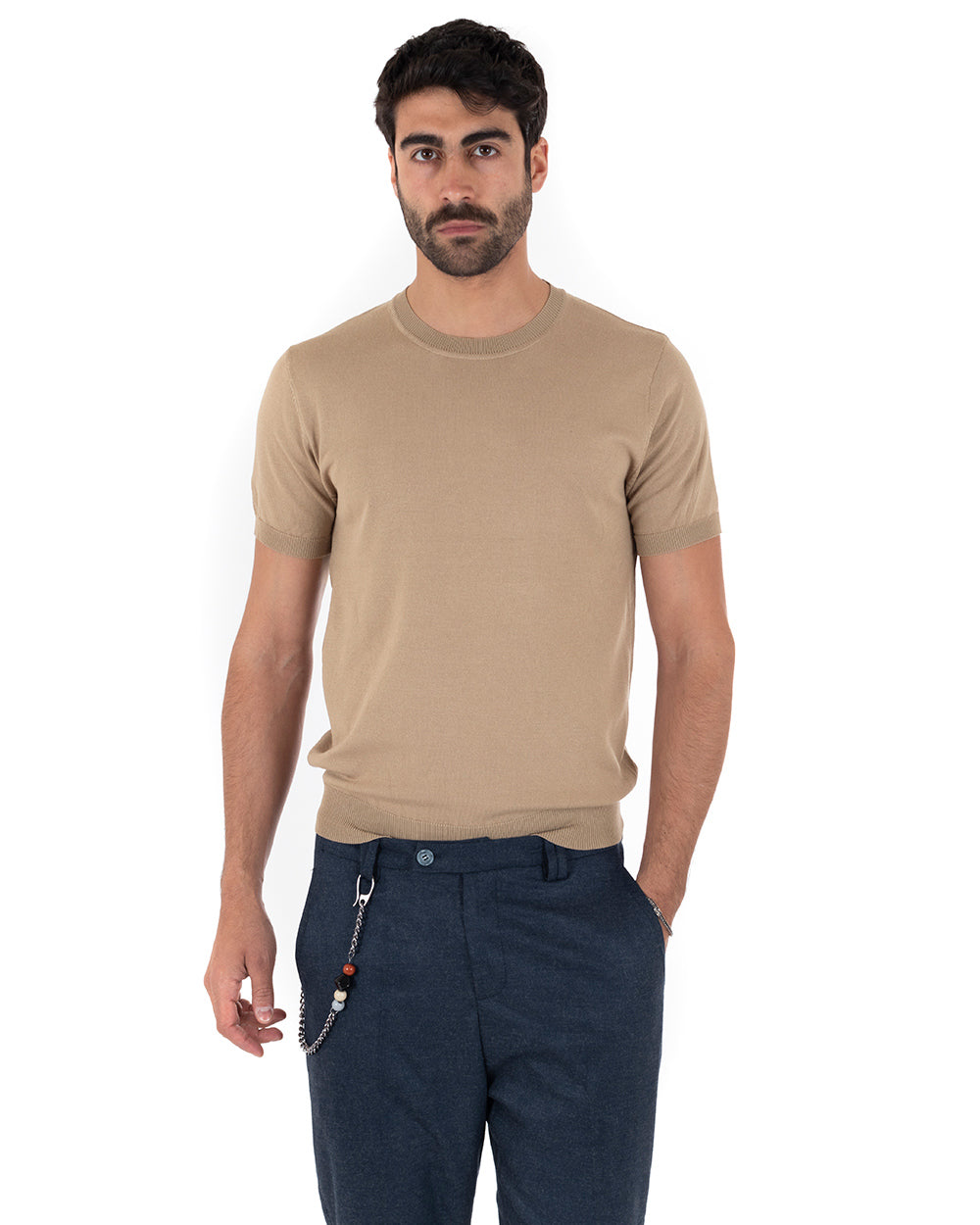 T-Shirt Uomo Girocollo Filo Casual Basic Sottogiacca Tinta Unita Camel GIOSAL-TS3053A