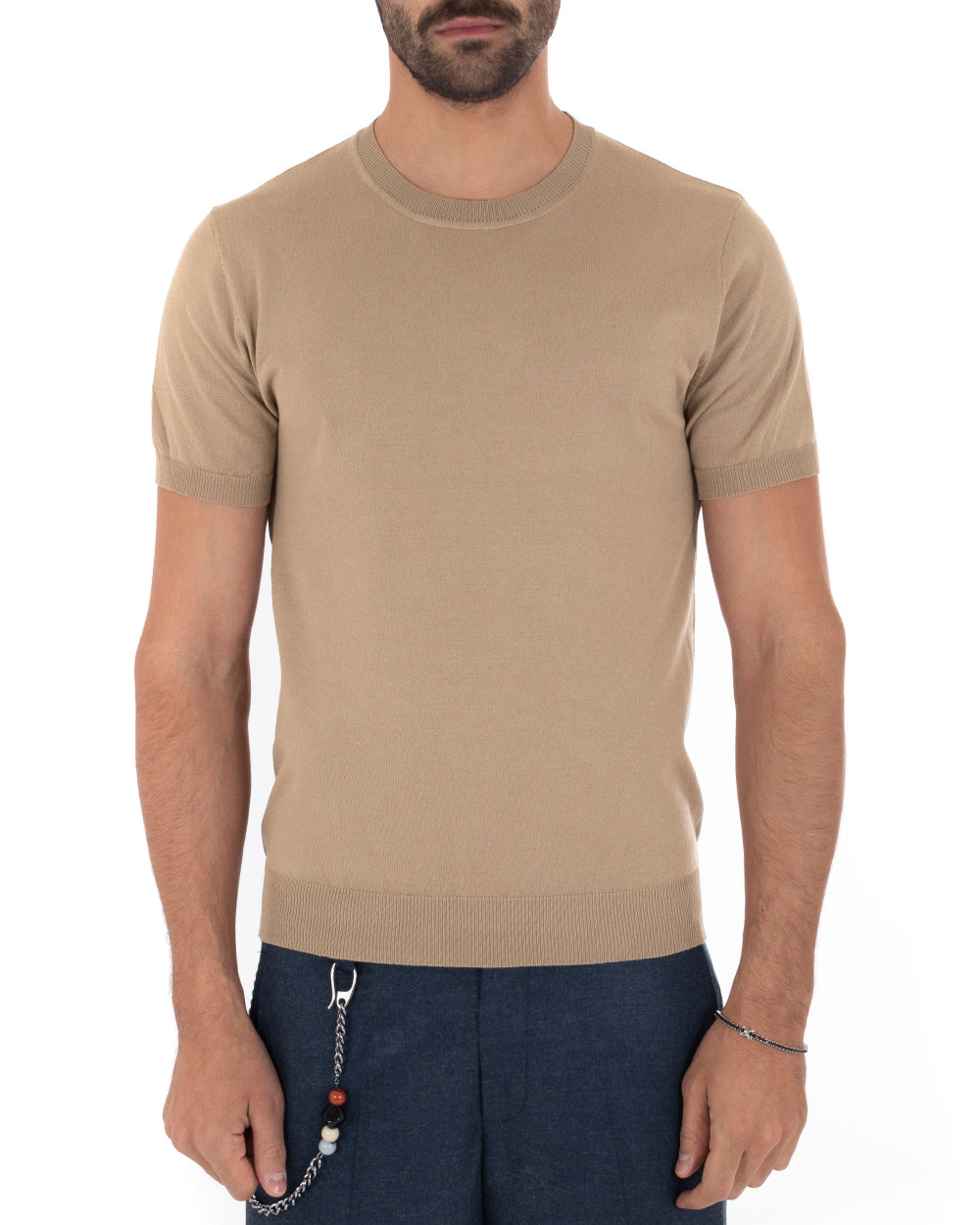 T-Shirt Uomo Girocollo Filo Casual Basic Sottogiacca Tinta Unita Camel GIOSAL-TS3053A
