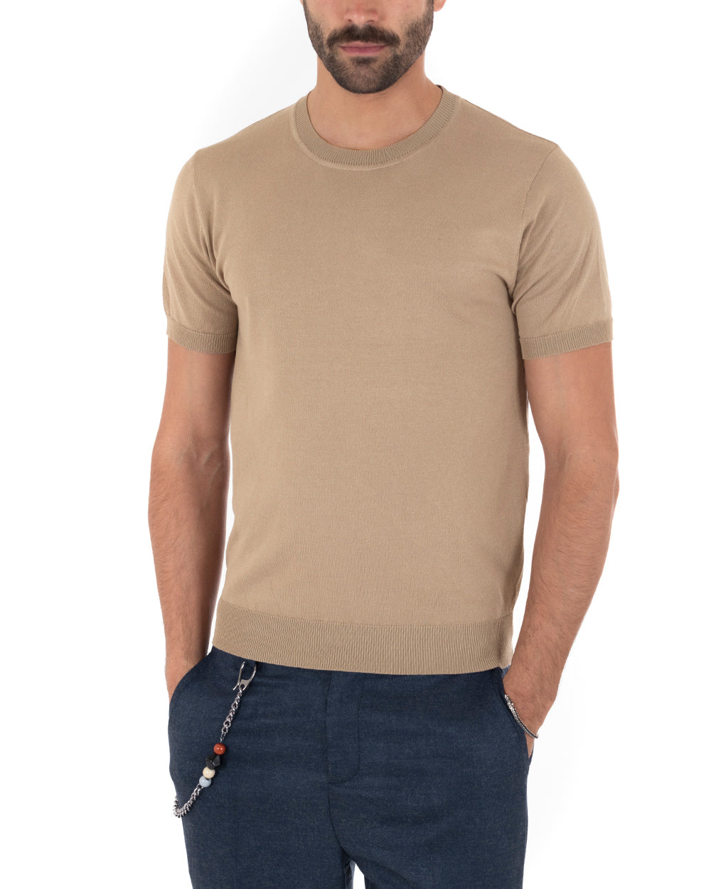 T-Shirt Uomo Girocollo Filo Casual Basic Sottogiacca Tinta Unita Camel GIOSAL-TS3053A