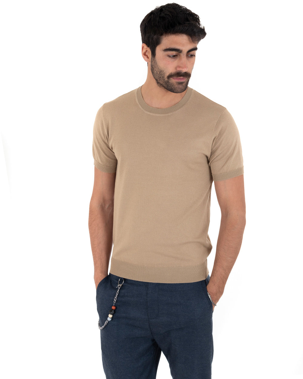 T-Shirt Uomo Girocollo Filo Casual Basic Sottogiacca Tinta Unita Camel GIOSAL-TS3053A