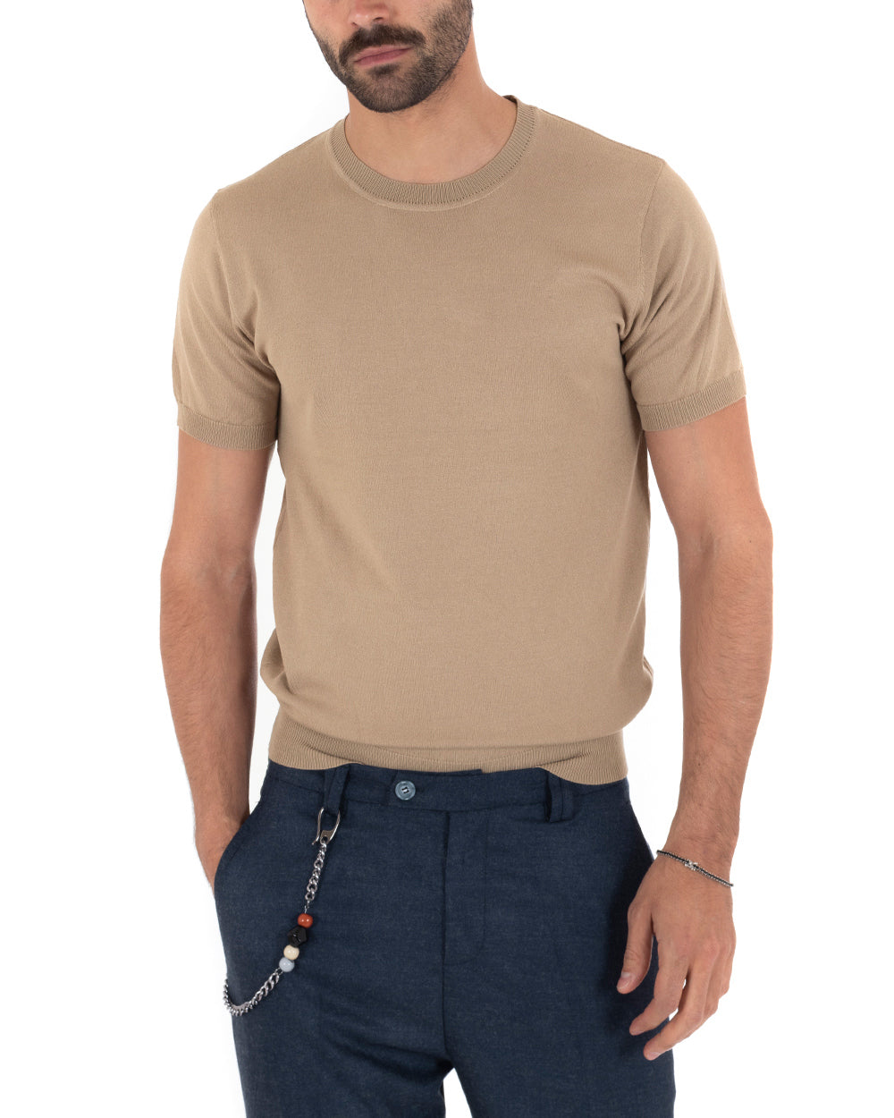 T-Shirt Uomo Girocollo Filo Casual Basic Sottogiacca Tinta Unita Camel GIOSAL-TS3053A