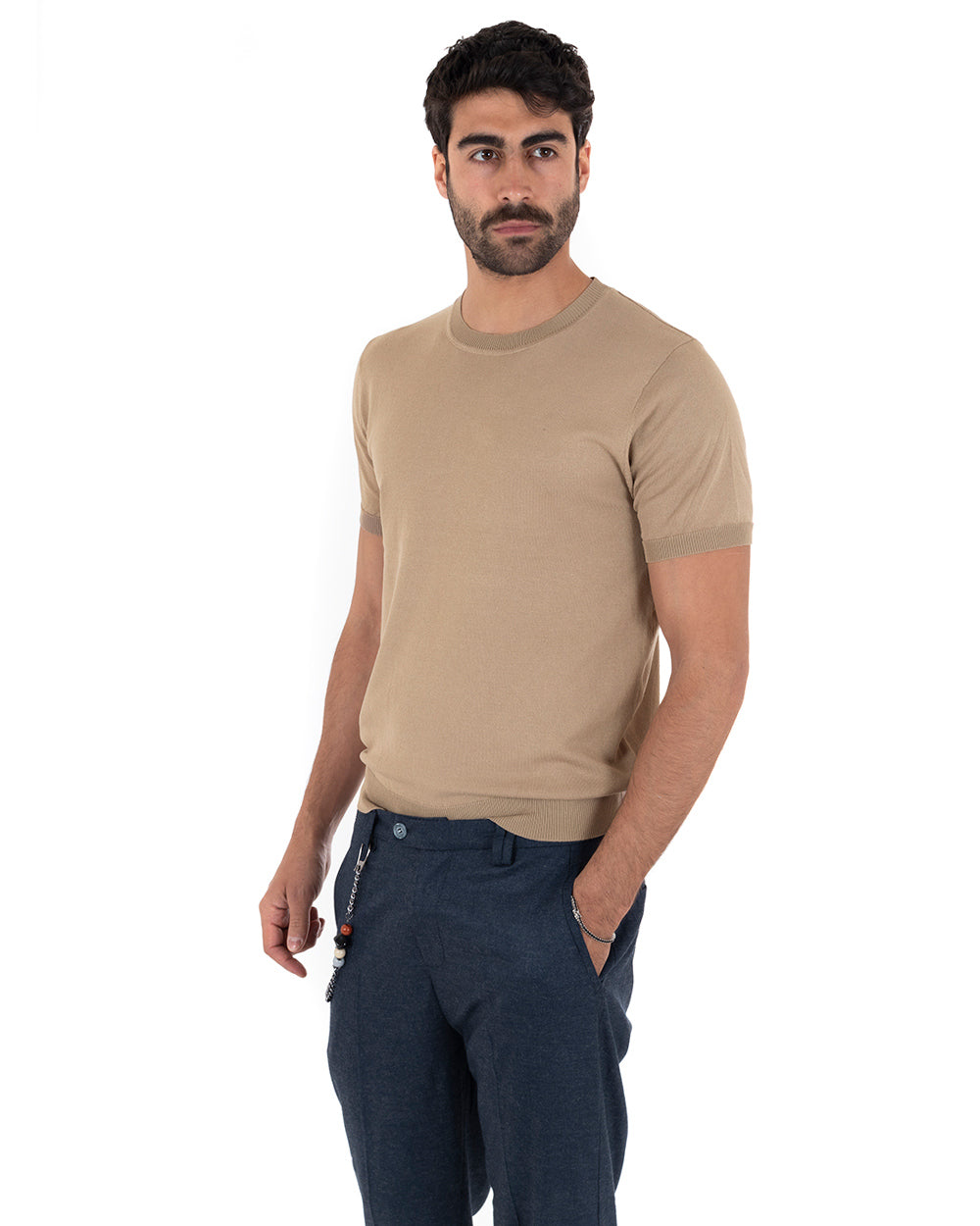 T-Shirt Uomo Girocollo Filo Casual Basic Sottogiacca Tinta Unita Camel GIOSAL-TS3053A