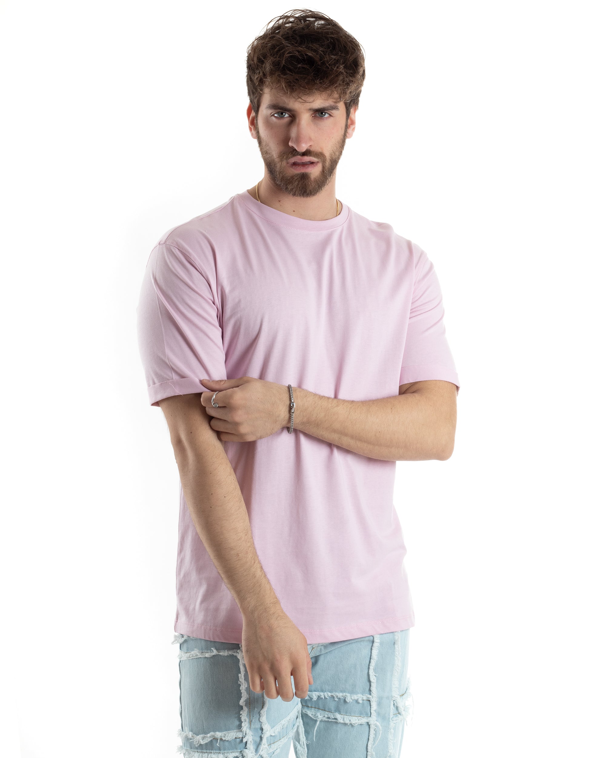 T-shirt Uomo Girocollo Basic Casual Regular Fit Tinta Unita Rosa GIOSAL-TS3054A