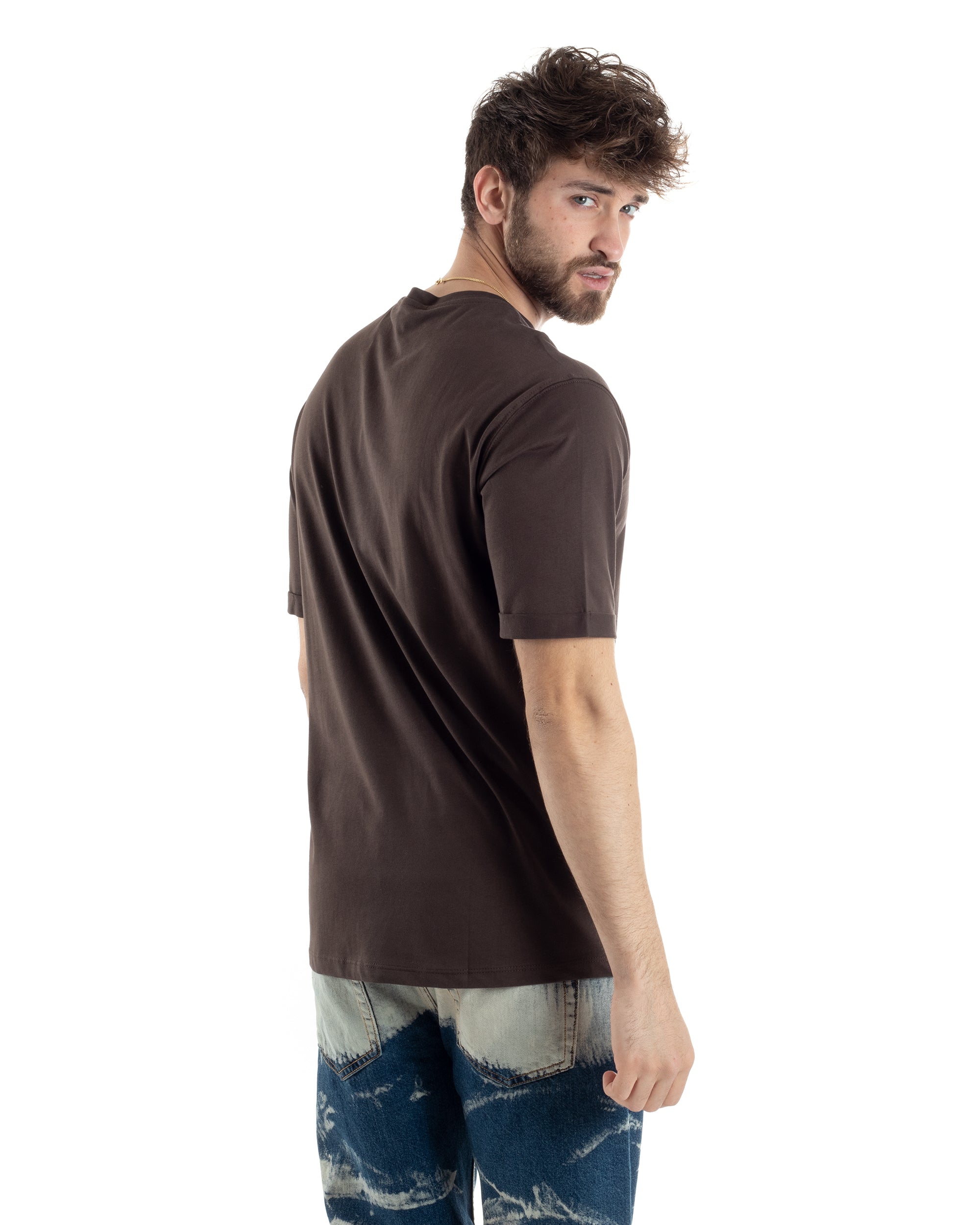 T-shirt Uomo Girocollo Basic Casual Regular Fit Tinta Unita Marrone GIOSAL-TS3056A