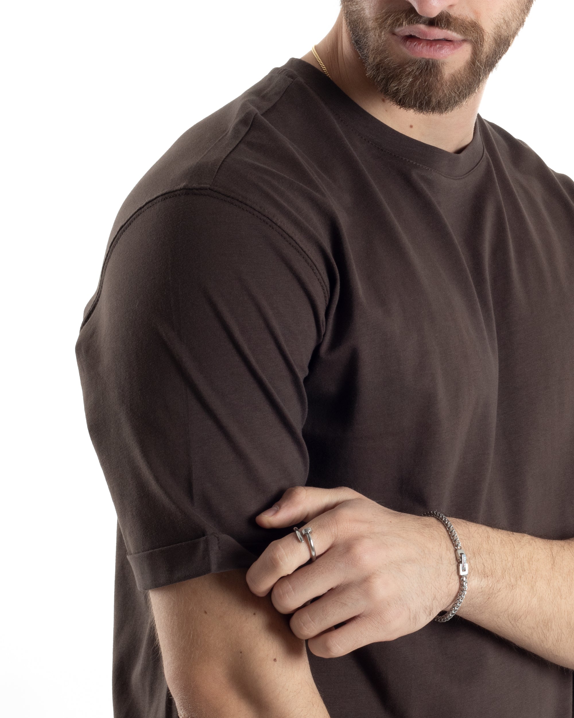 T-shirt Uomo Girocollo Basic Casual Regular Fit Tinta Unita Marrone GIOSAL-TS3056A