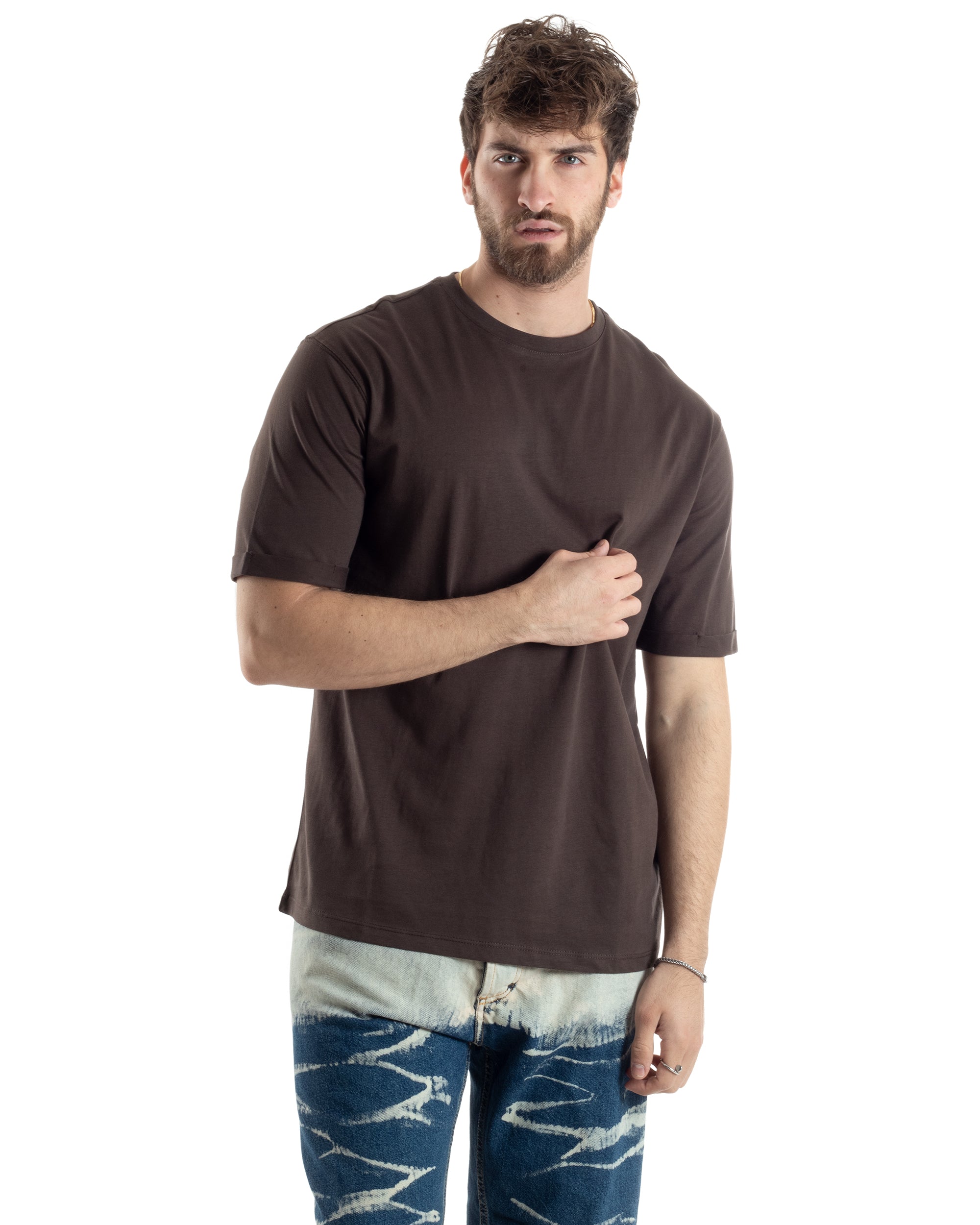 T-shirt Uomo Girocollo Basic Casual Regular Fit Tinta Unita Marrone GIOSAL-TS3056A
