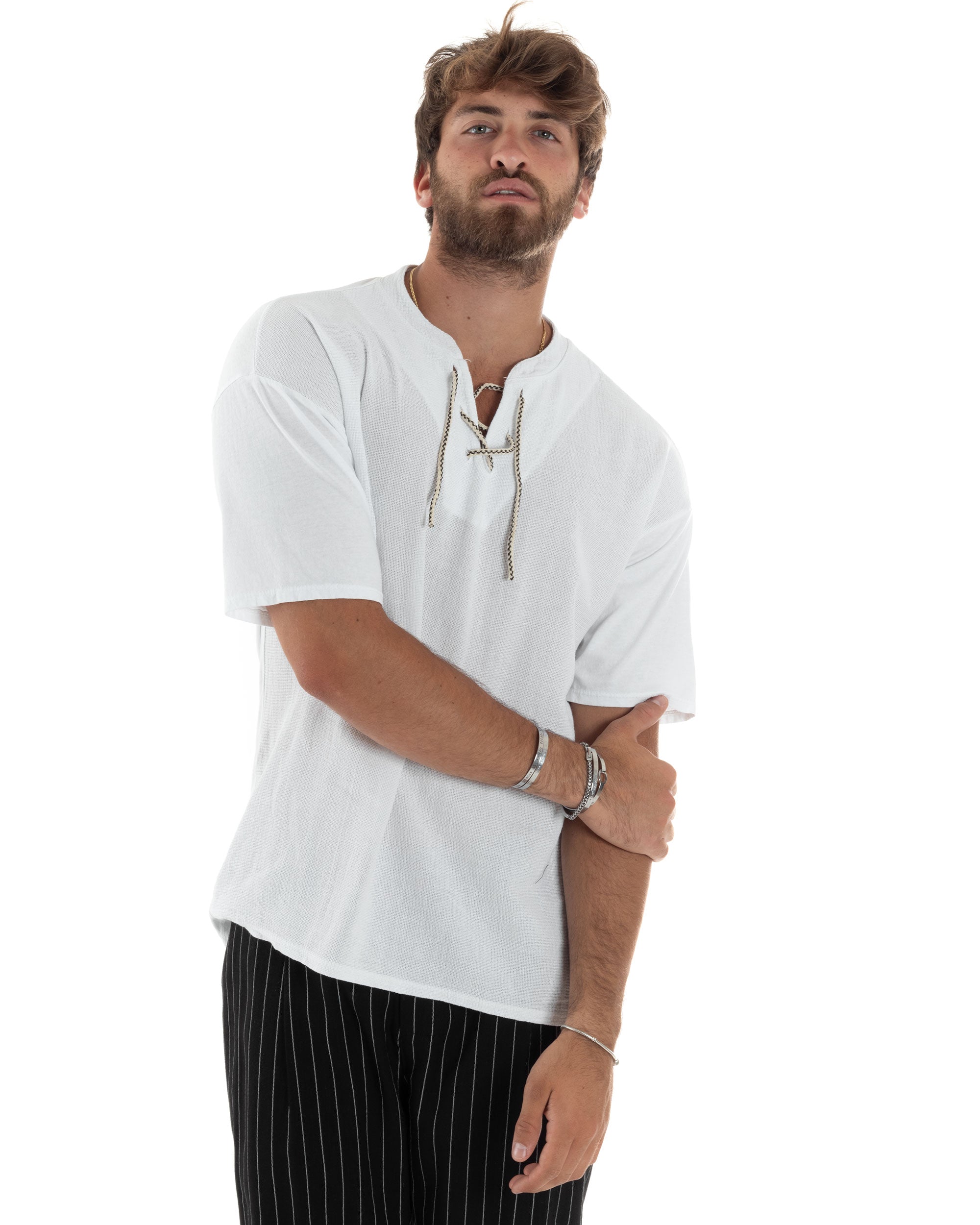 T-Shirt Uomo Cotone Regular Fit Collo Alla Coreana Con Laccio Scollo A V Casual Tinta Unita Bianco GIOSAL-TS3066A