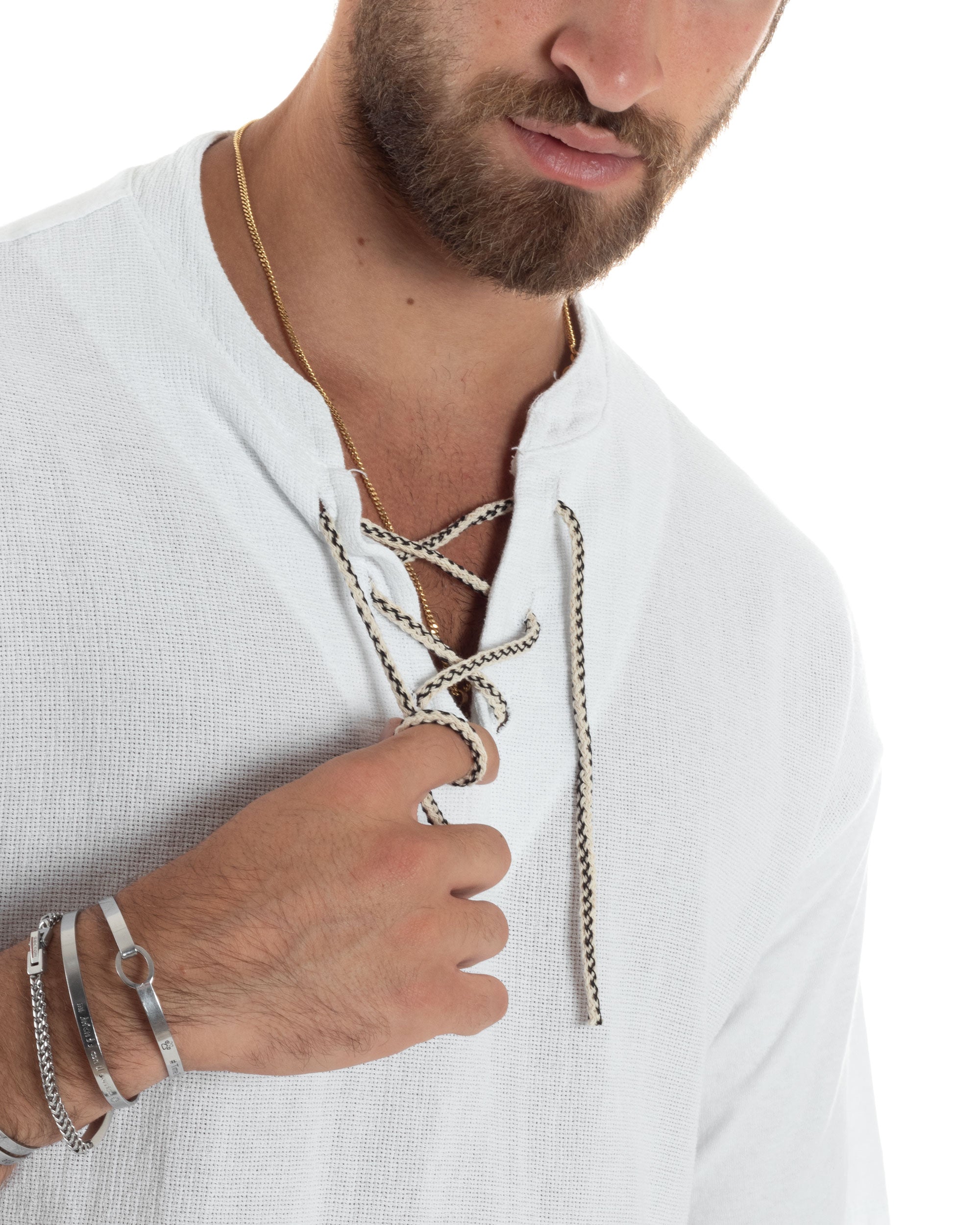 T-Shirt Uomo Cotone Regular Fit Collo Alla Coreana Con Laccio Scollo A V Casual Tinta Unita Bianco GIOSAL-TS3066A