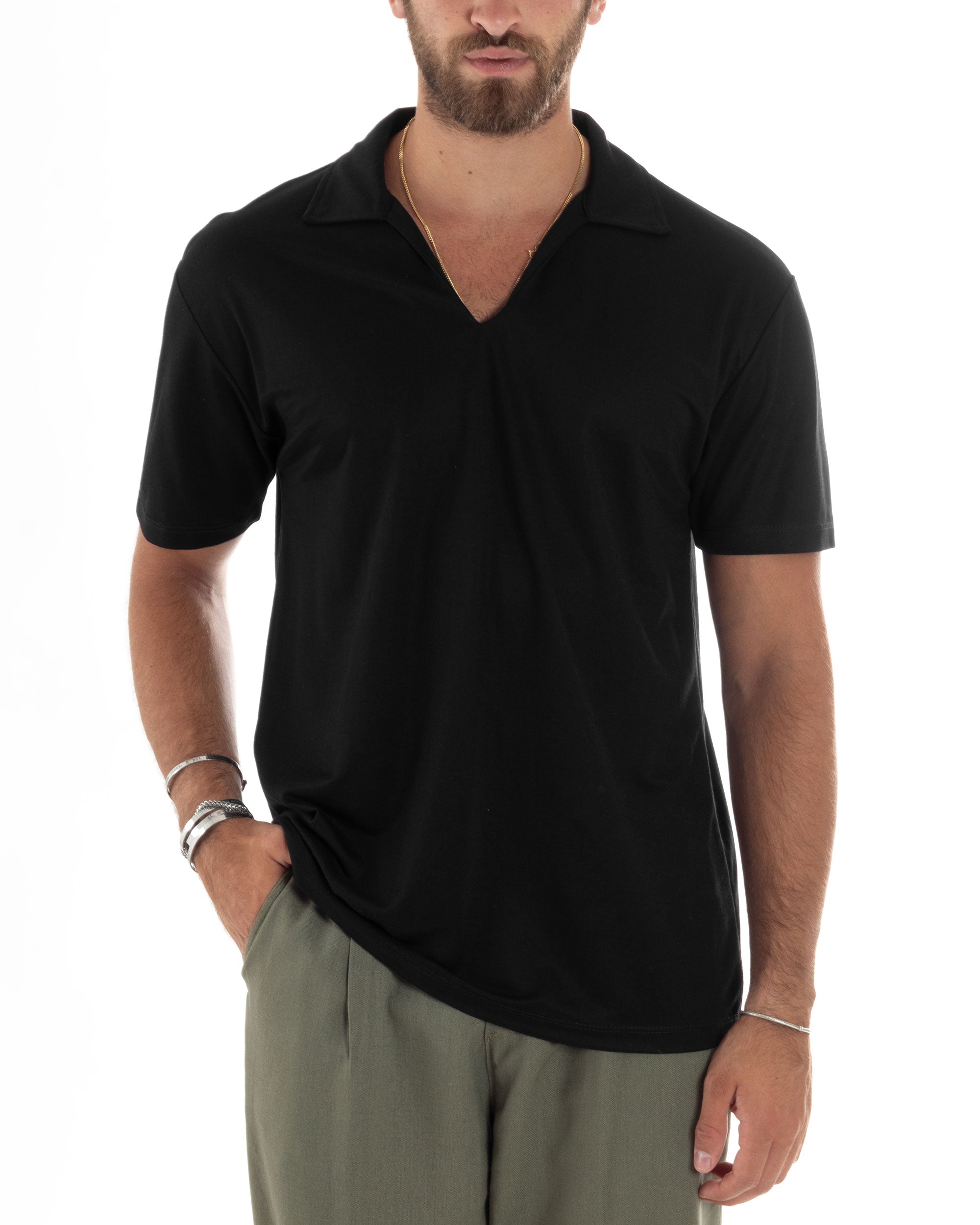 Polo Mezze Maniche Uomo Basic Scollo A V T-Shirt Con Colletto Tinta Un