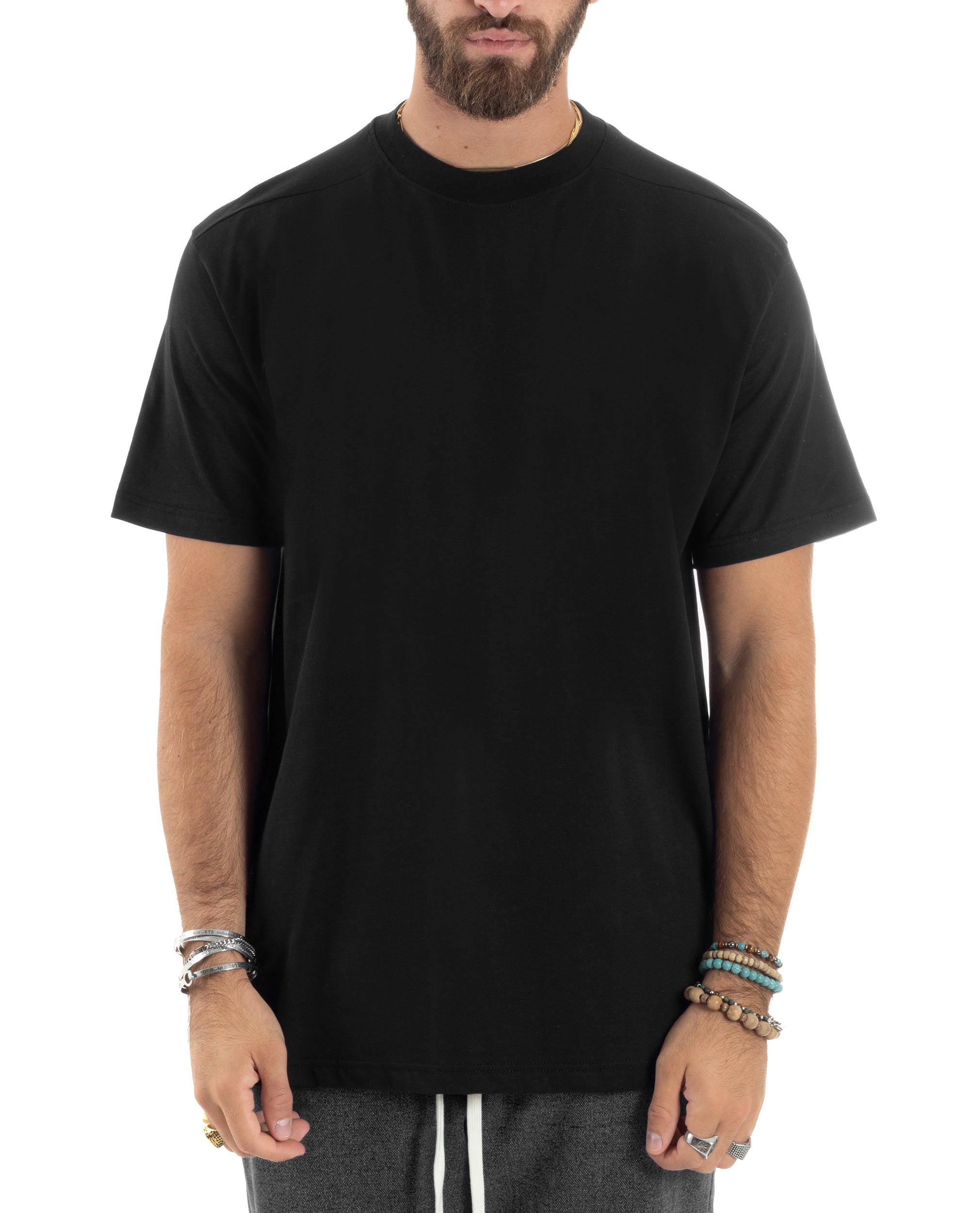 T-shirt Uomo Girocollo Mezze Maniche Cotone Premium Maglia Basic Casual Tinta Unita Nero GIOSAL-TS3082A
