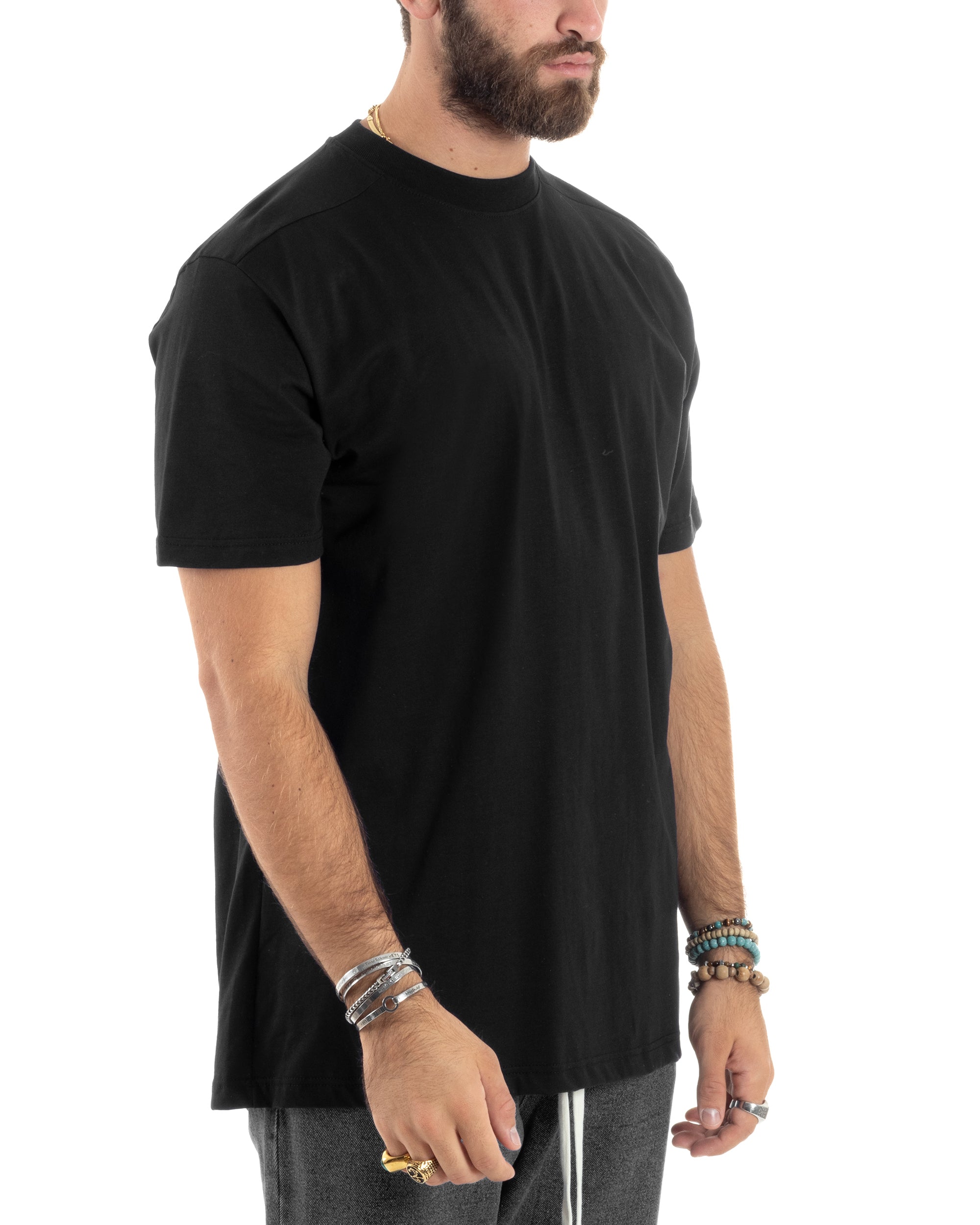 T-shirt Uomo Girocollo Mezze Maniche Cotone Premium Maglia Basic Casual Tinta Unita Nero GIOSAL-TS3082A
