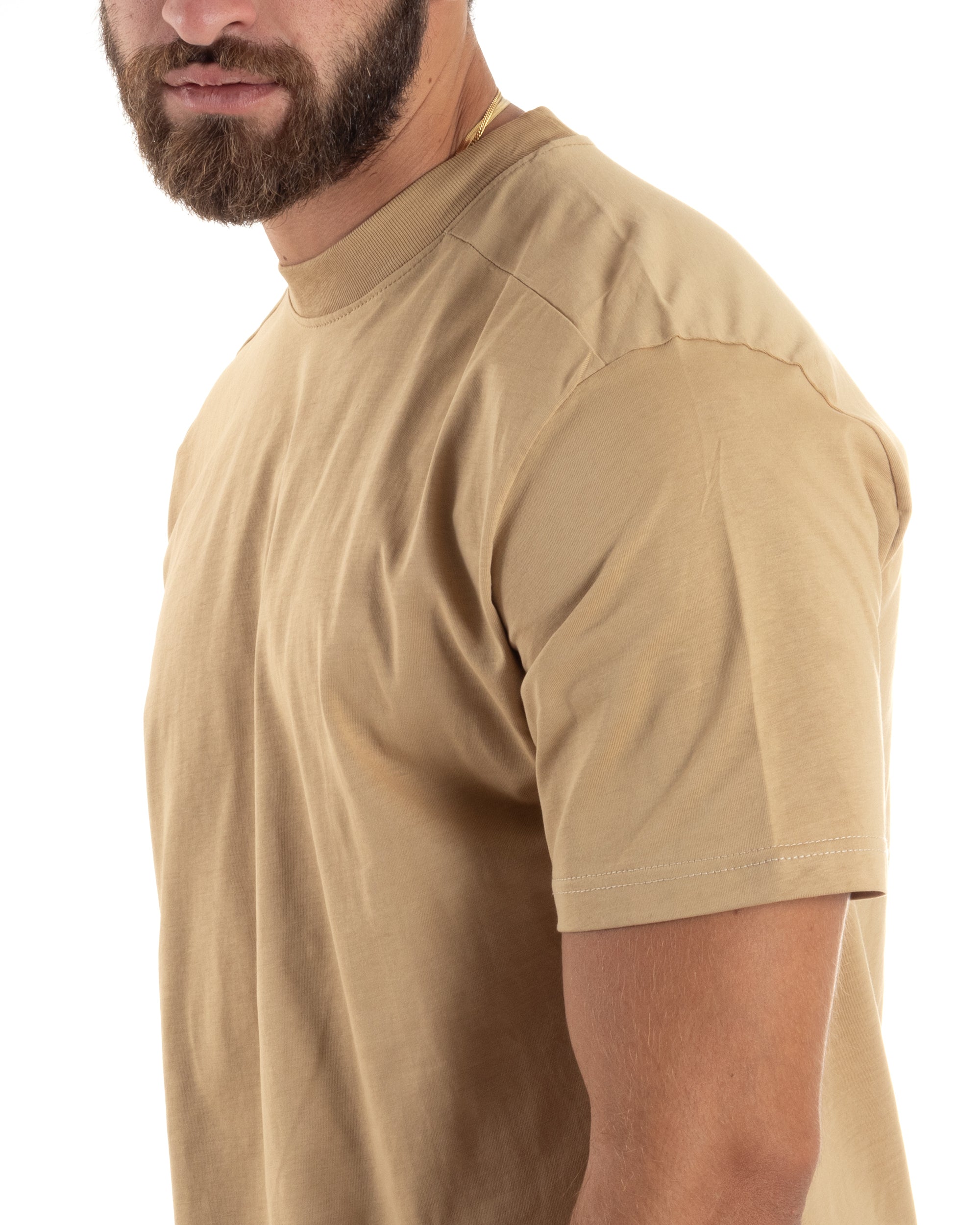 T-shirt Uomo Girocollo Mezze Maniche Cotone Premium Maglia Basic Casual Tinta Unita Beige GIOSAL-TS3083A