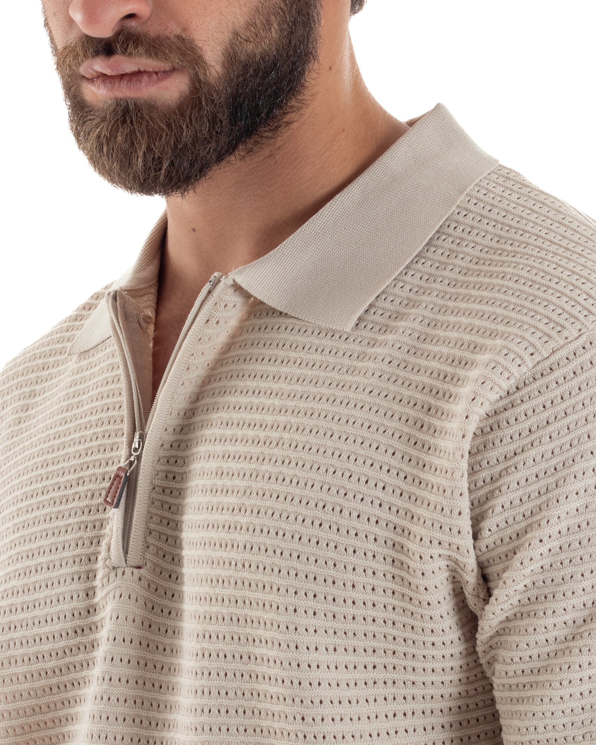Polo Uomo Lavorata Maglia T-Shirt Con Colletto E Zip Traforata Casual Beige GIOSAL-TS3088A