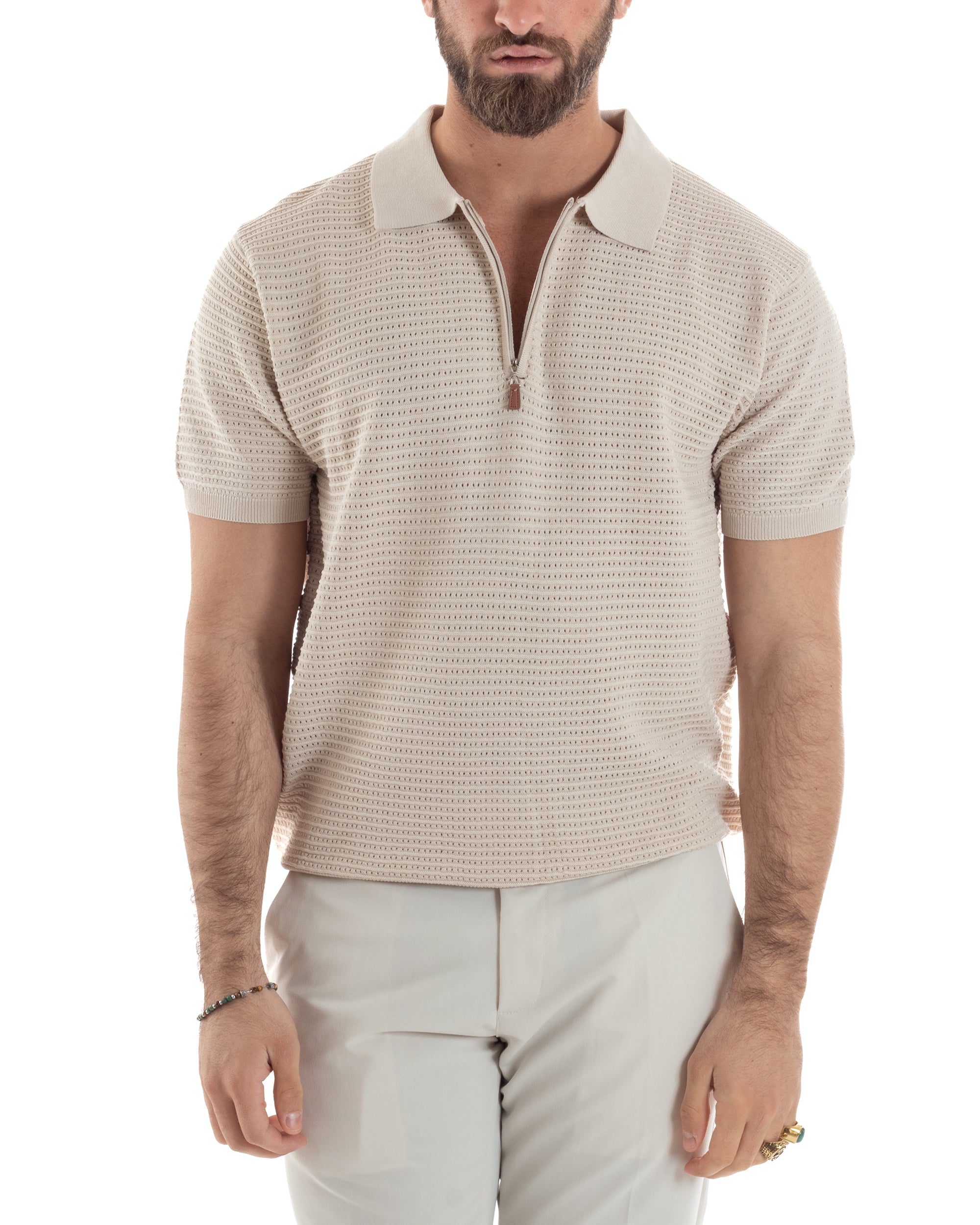 Polo Uomo Lavorata Maglia T-Shirt Con Colletto E Zip Traforata Casual Beige GIOSAL-TS3088A