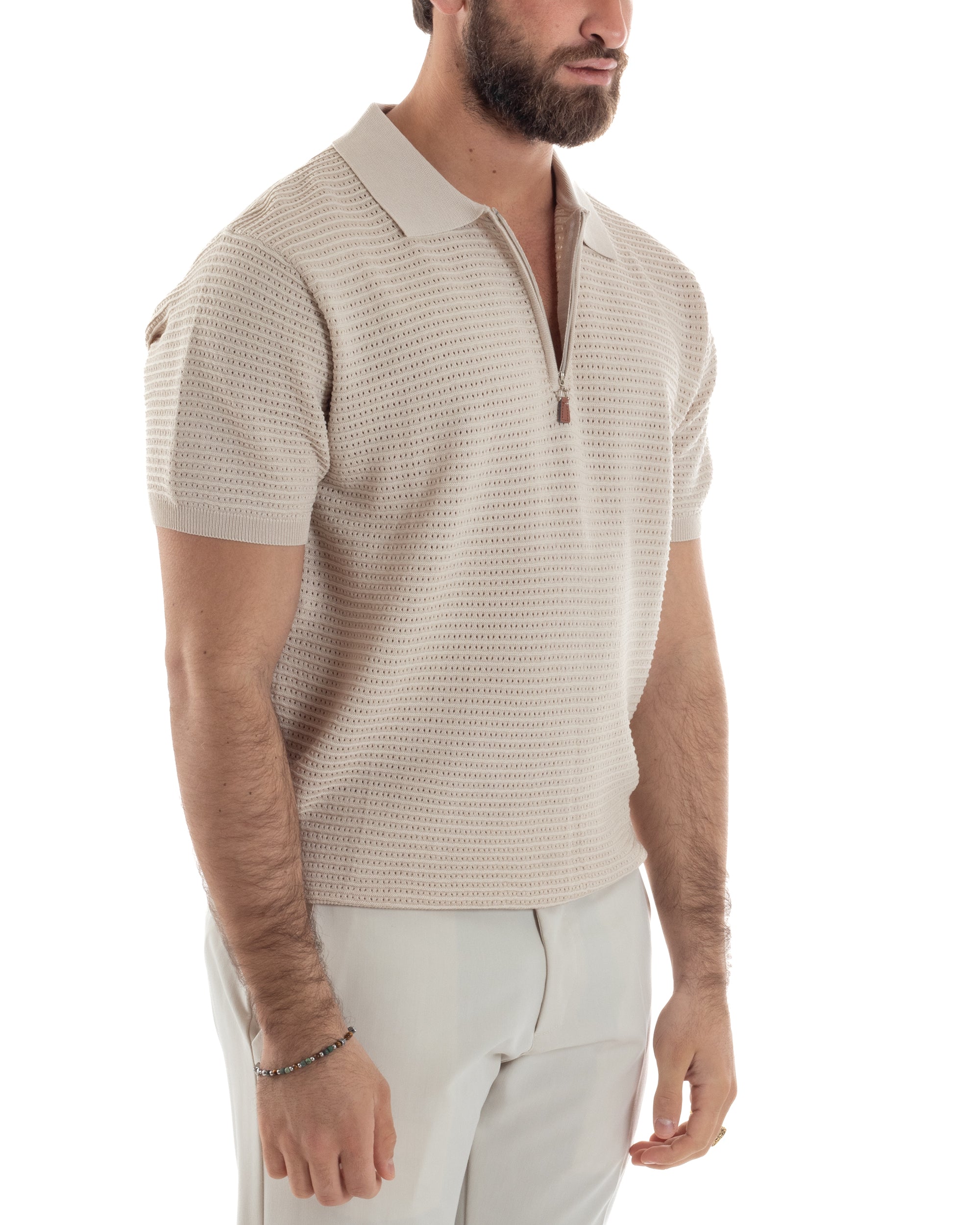 Polo Uomo Lavorata Maglia T-Shirt Con Colletto E Zip Traforata Casual Beige GIOSAL-TS3088A