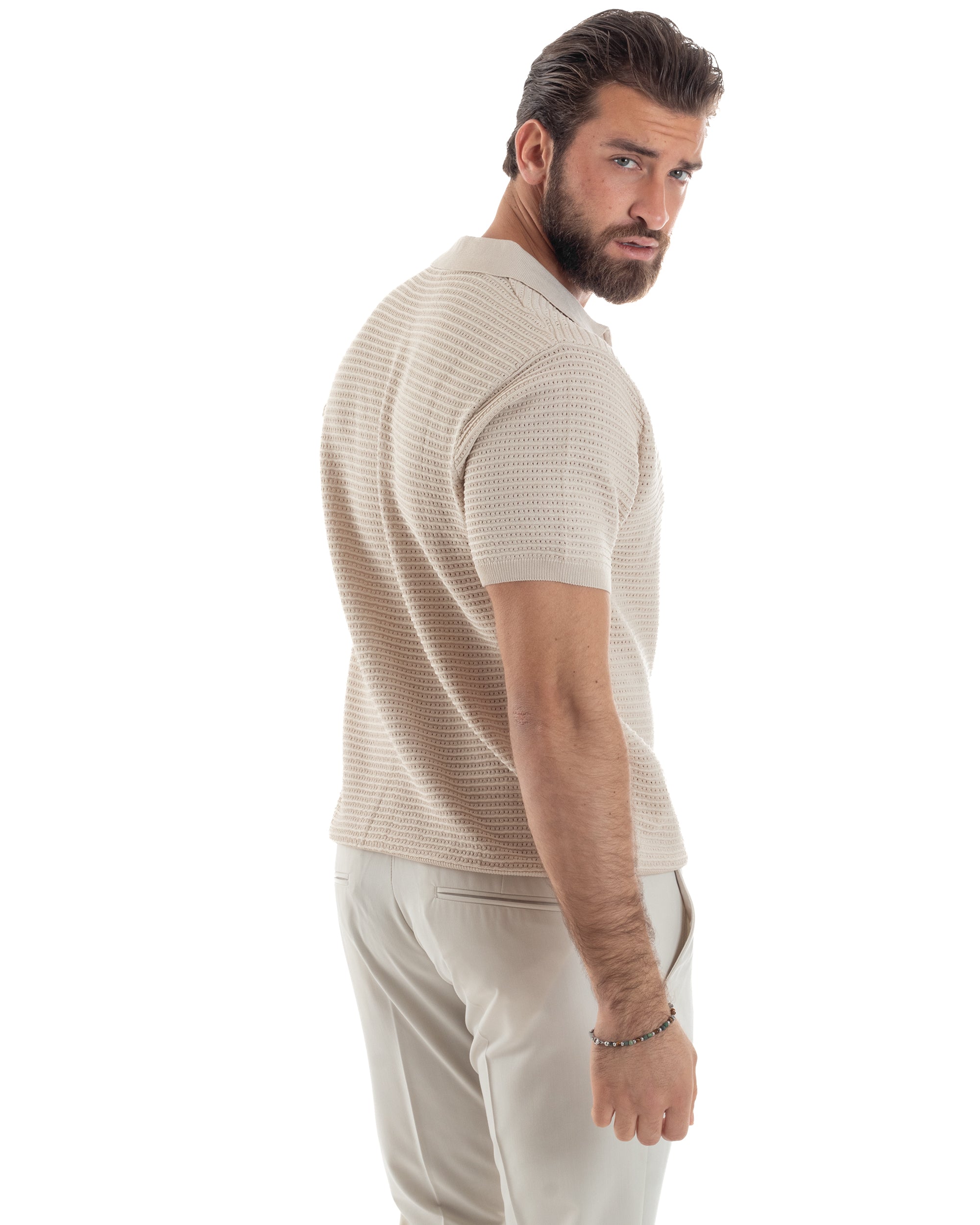 Polo Uomo Lavorata Maglia T-Shirt Con Colletto E Zip Traforata Casual Beige GIOSAL-TS3088A