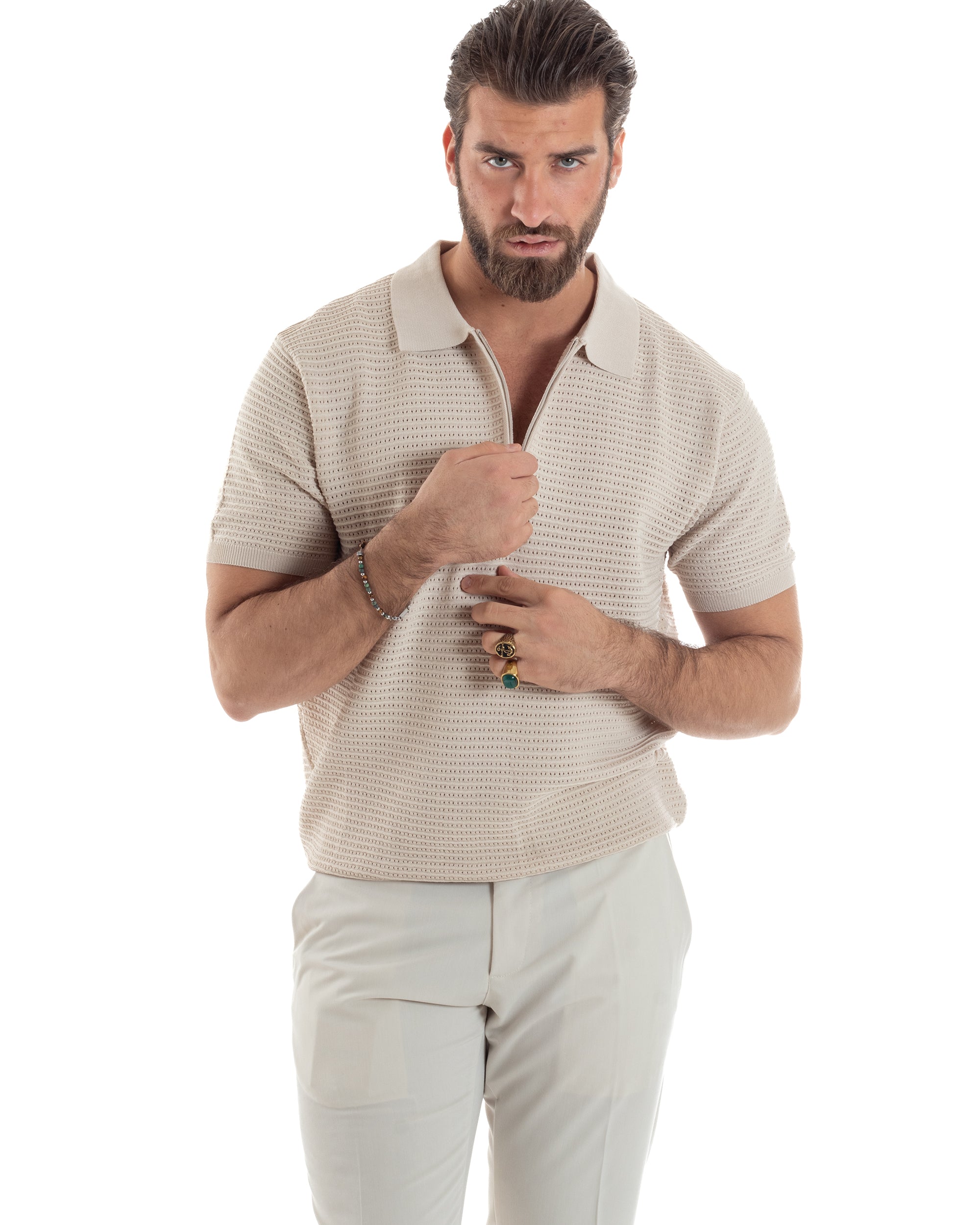 Polo Uomo Lavorata Maglia T-Shirt Con Colletto E Zip Traforata Casual Beige GIOSAL-TS3088A