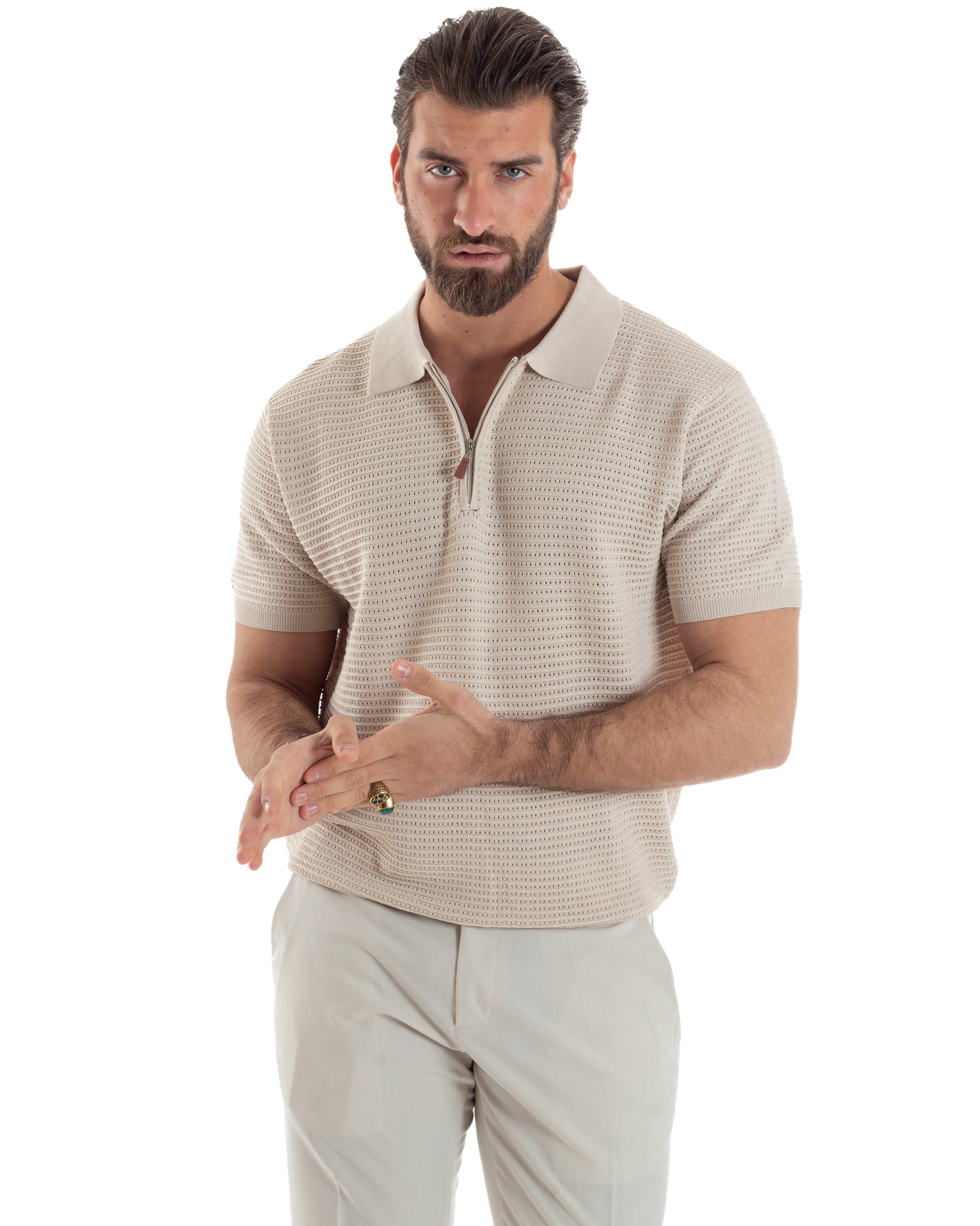 Polo Uomo Lavorata Maglia T-Shirt Con Colletto E Zip Traforata Casual Beige GIOSAL-TS3088A