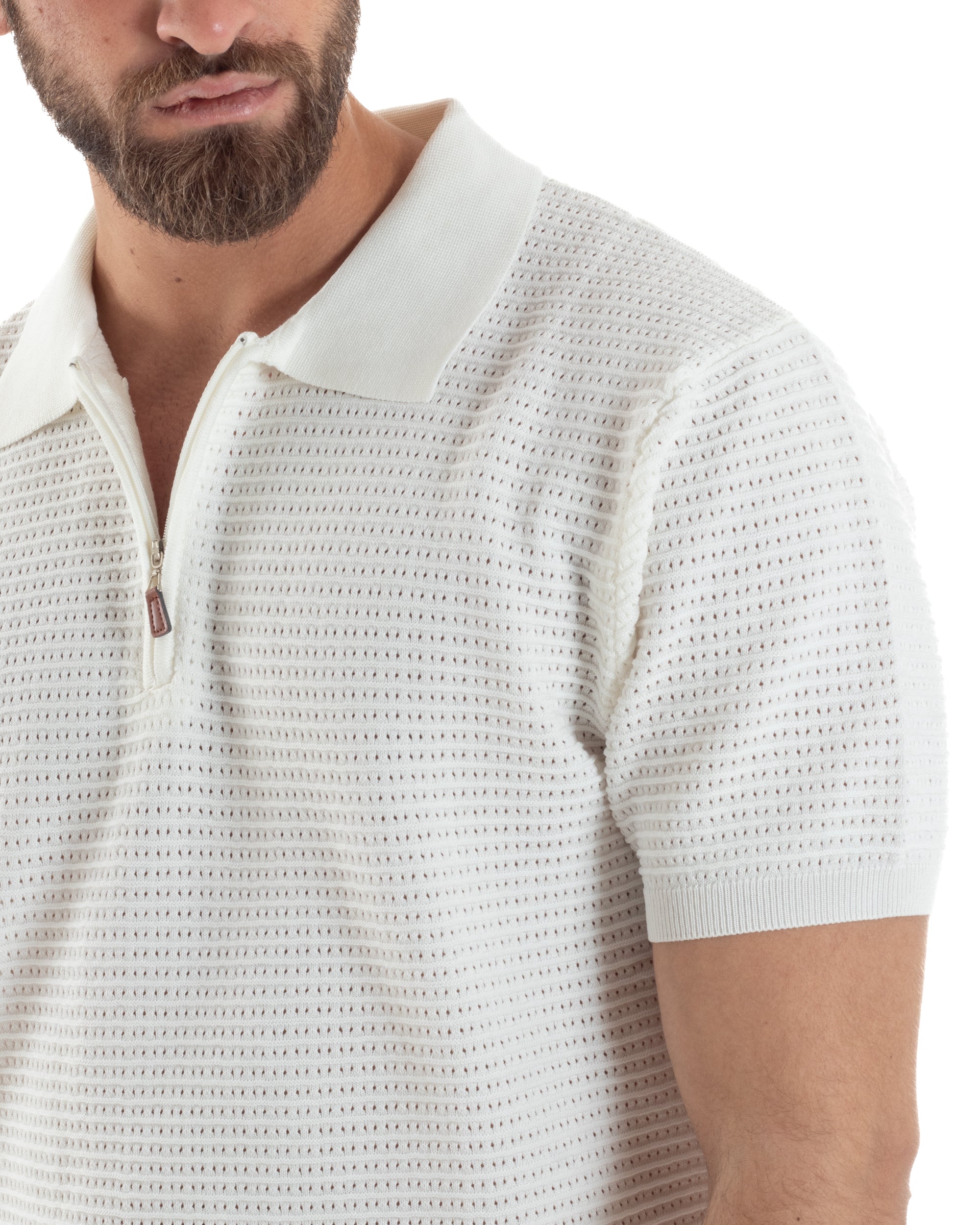 Polo Uomo Lavorata Maglia T-Shirt Con Colletto E Zip Traforata Casual Bianco GIOSAL-TS3089A