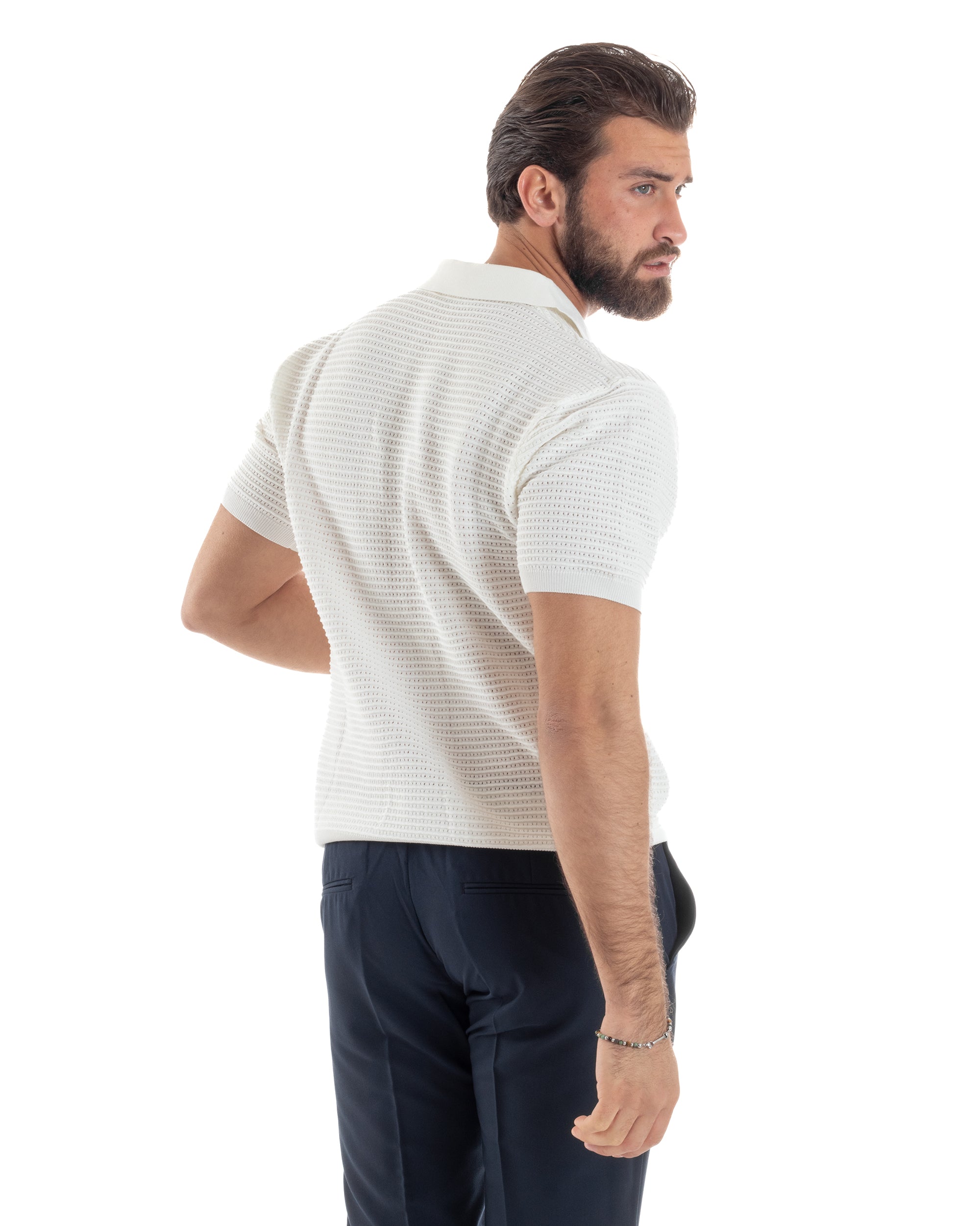Polo Uomo Lavorata Maglia T-Shirt Con Colletto E Zip Traforata Casual Bianco GIOSAL-TS3089A