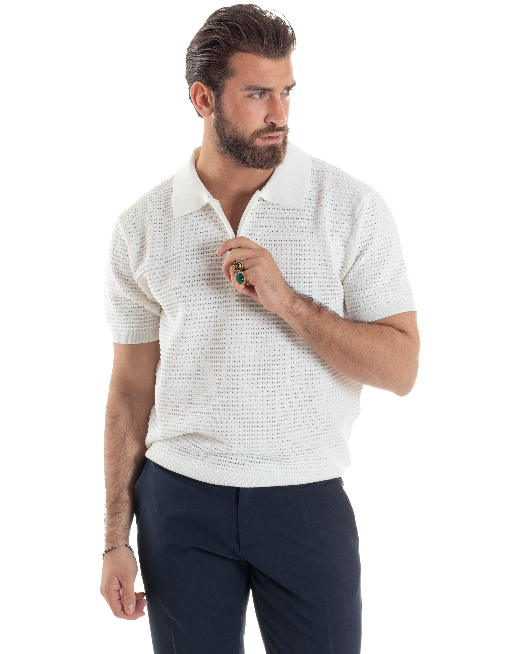 Polo Uomo Lavorata Maglia T-Shirt Con Colletto E Zip Traforata Casual Bianco GIOSAL-TS3089A