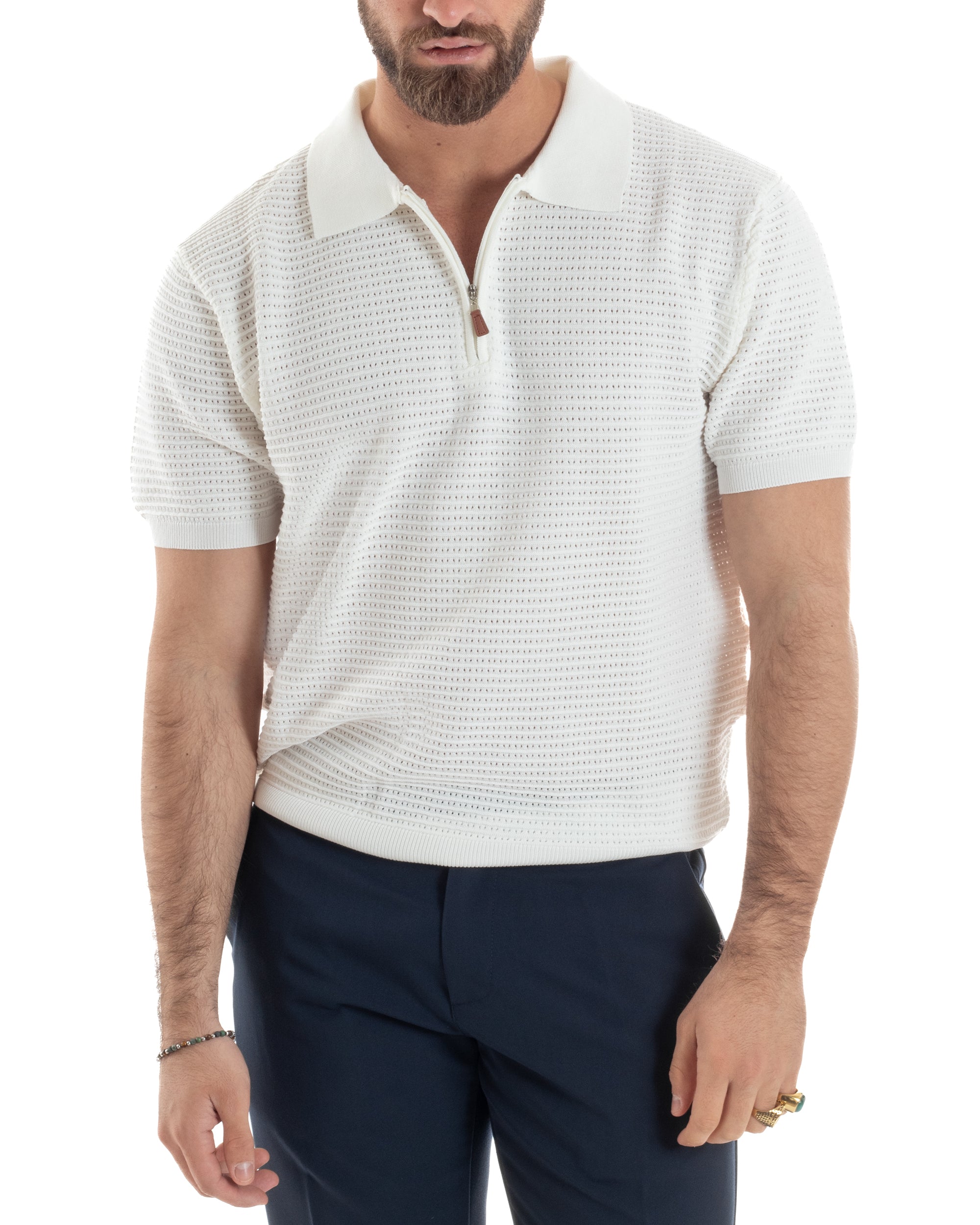 Polo Uomo Lavorata Maglia T-Shirt Con Colletto E Zip Traforata Casual Bianco GIOSAL-TS3089A
