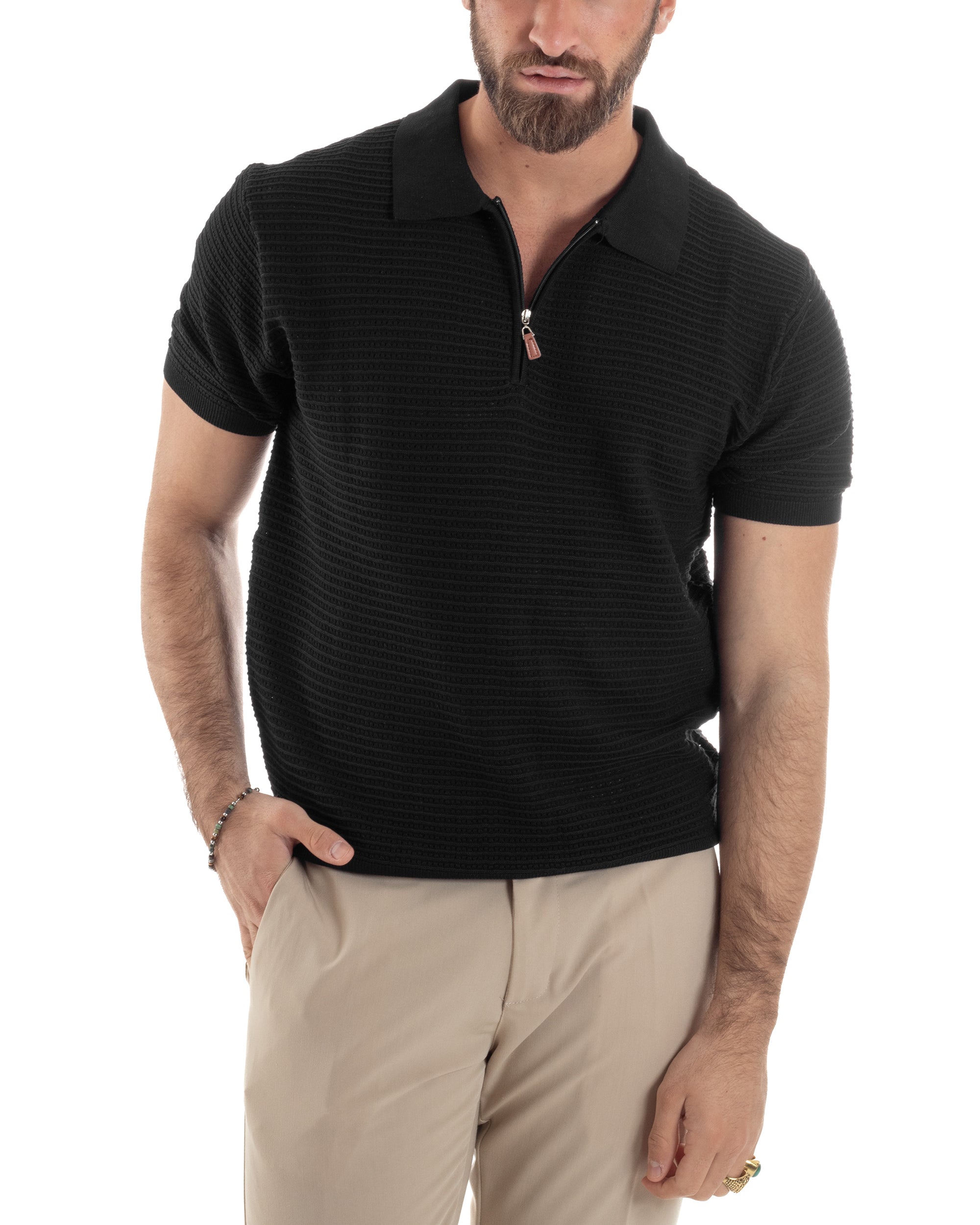 Polo Uomo Lavorata Maglia T-Shirt Con Colletto E Zip Traforata Casual Nero GIOSAL-TS3090A