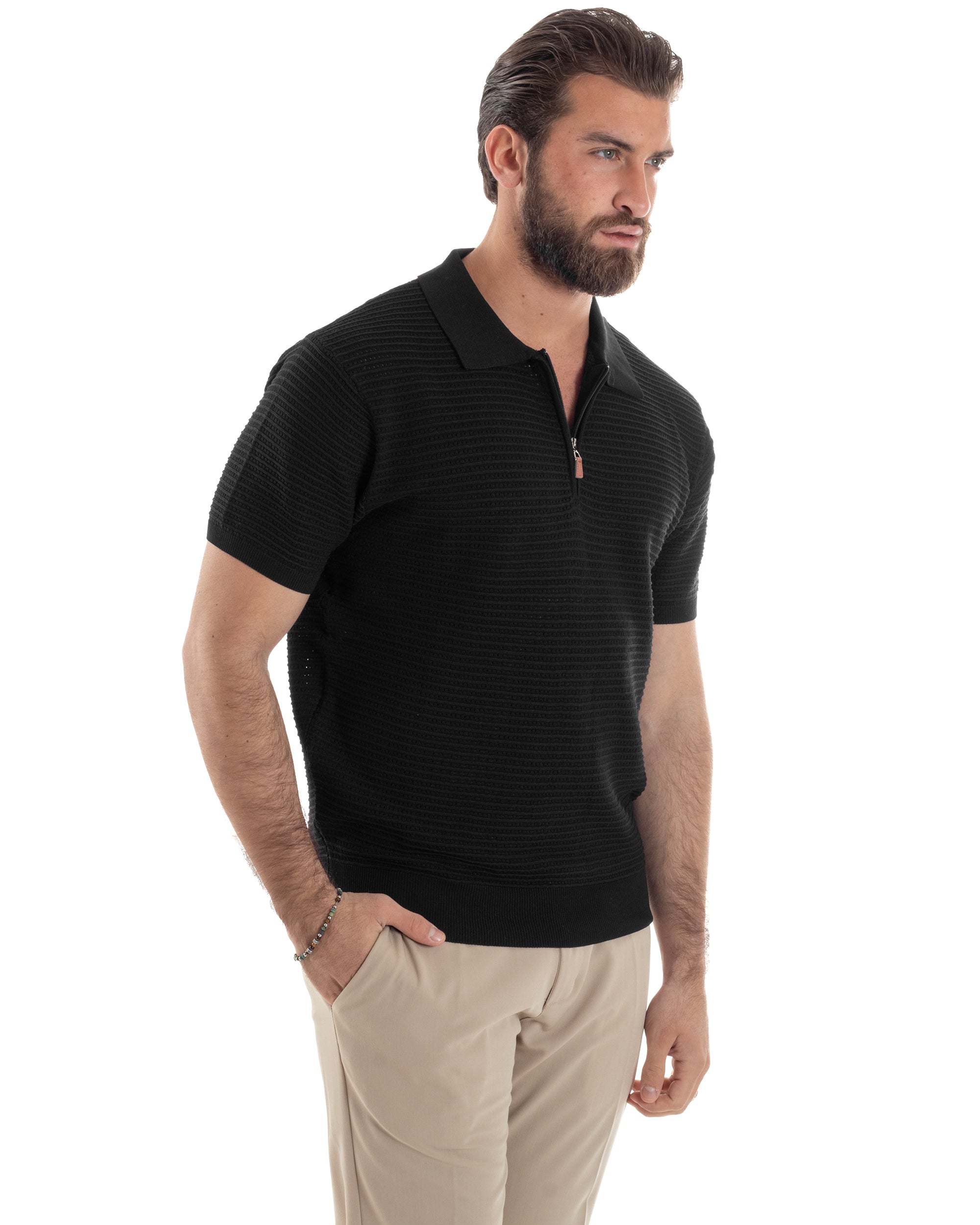 Polo Uomo Lavorata Maglia T-Shirt Con Colletto E Zip Traforata Casual Nero GIOSAL-TS3090A
