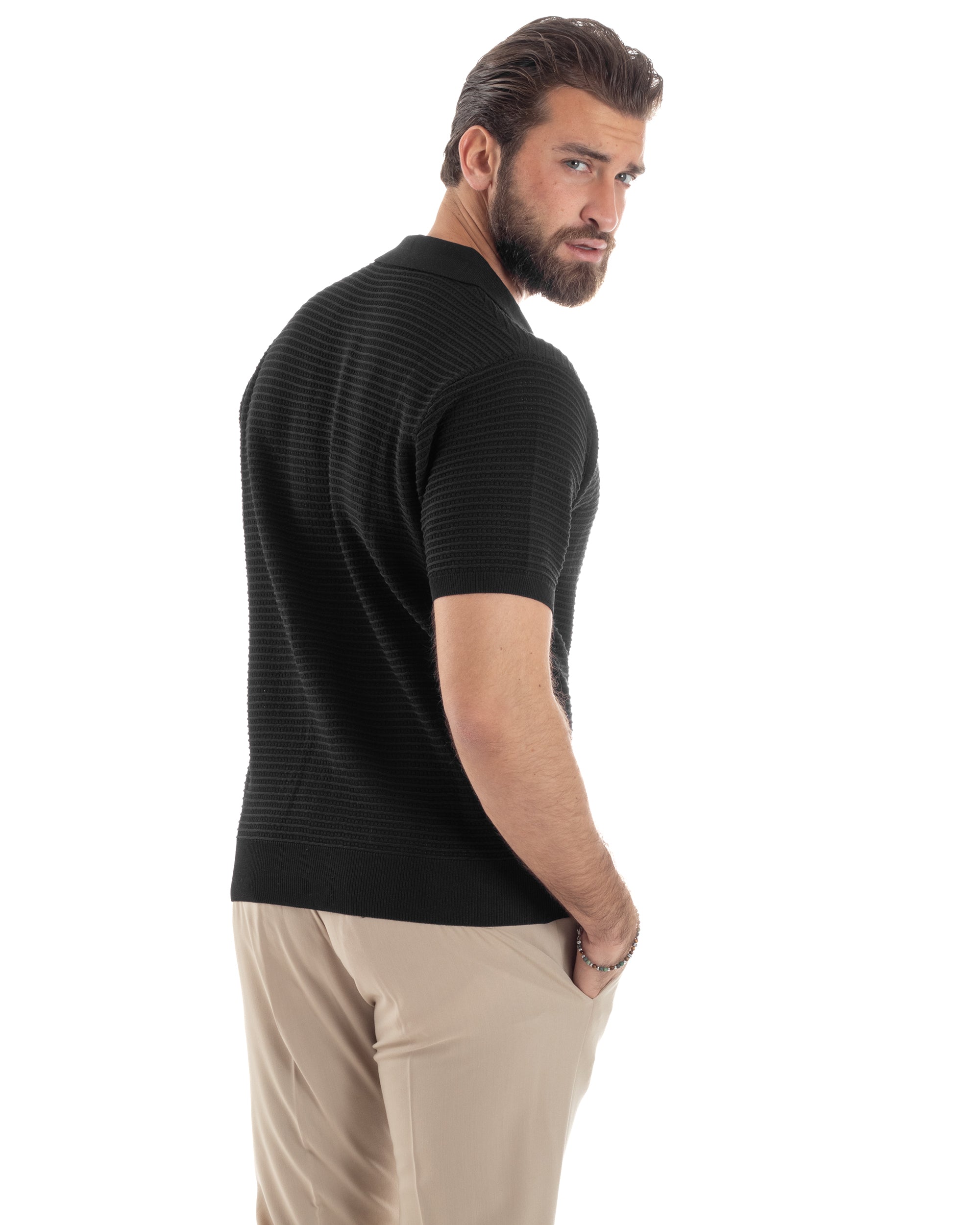 Polo Uomo Lavorata Maglia T-Shirt Con Colletto E Zip Traforata Casual Nero GIOSAL-TS3090A