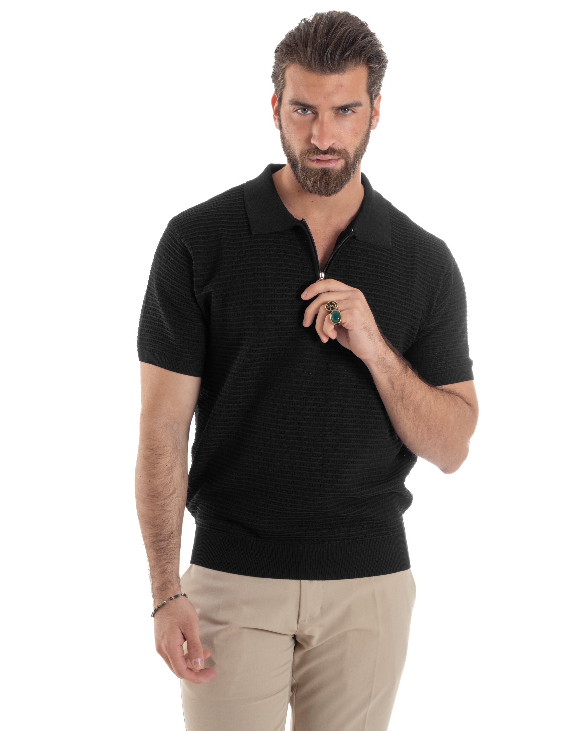 Polo Uomo Lavorata Maglia T-Shirt Con Colletto E Zip Traforata Casual Nero GIOSAL-TS3090A