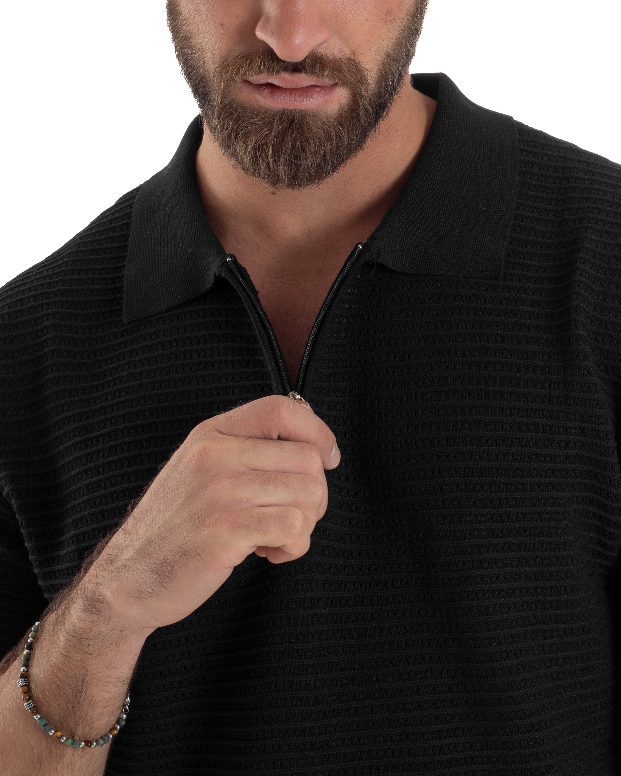 Polo Uomo Lavorata Maglia T-Shirt Con Colletto E Zip Traforata Casual Nero GIOSAL-TS3090A