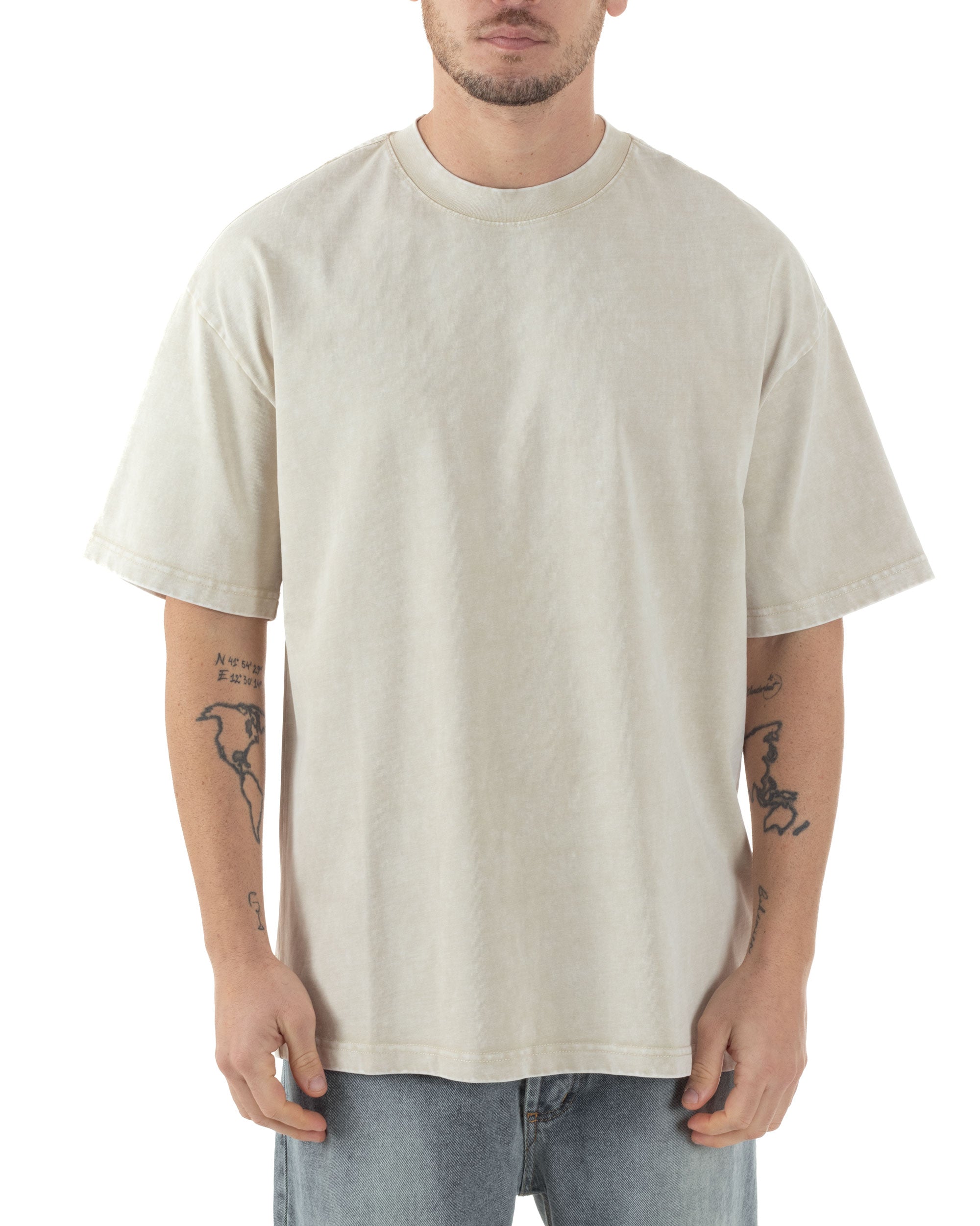 T-shirt Uomo Girocollo Cotone Slavato Maglia Mezze Maniche Tie Dye Basic Oversize Casual Tinta Unita Beige GIOSAL-TS3091A