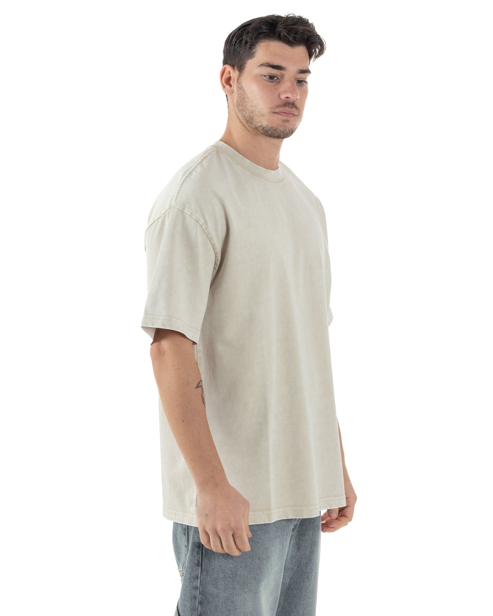 T-shirt Uomo Girocollo Cotone Slavato Maglia Mezze Maniche Tie Dye Basic Oversize Casual Tinta Unita Beige GIOSAL-TS3091A