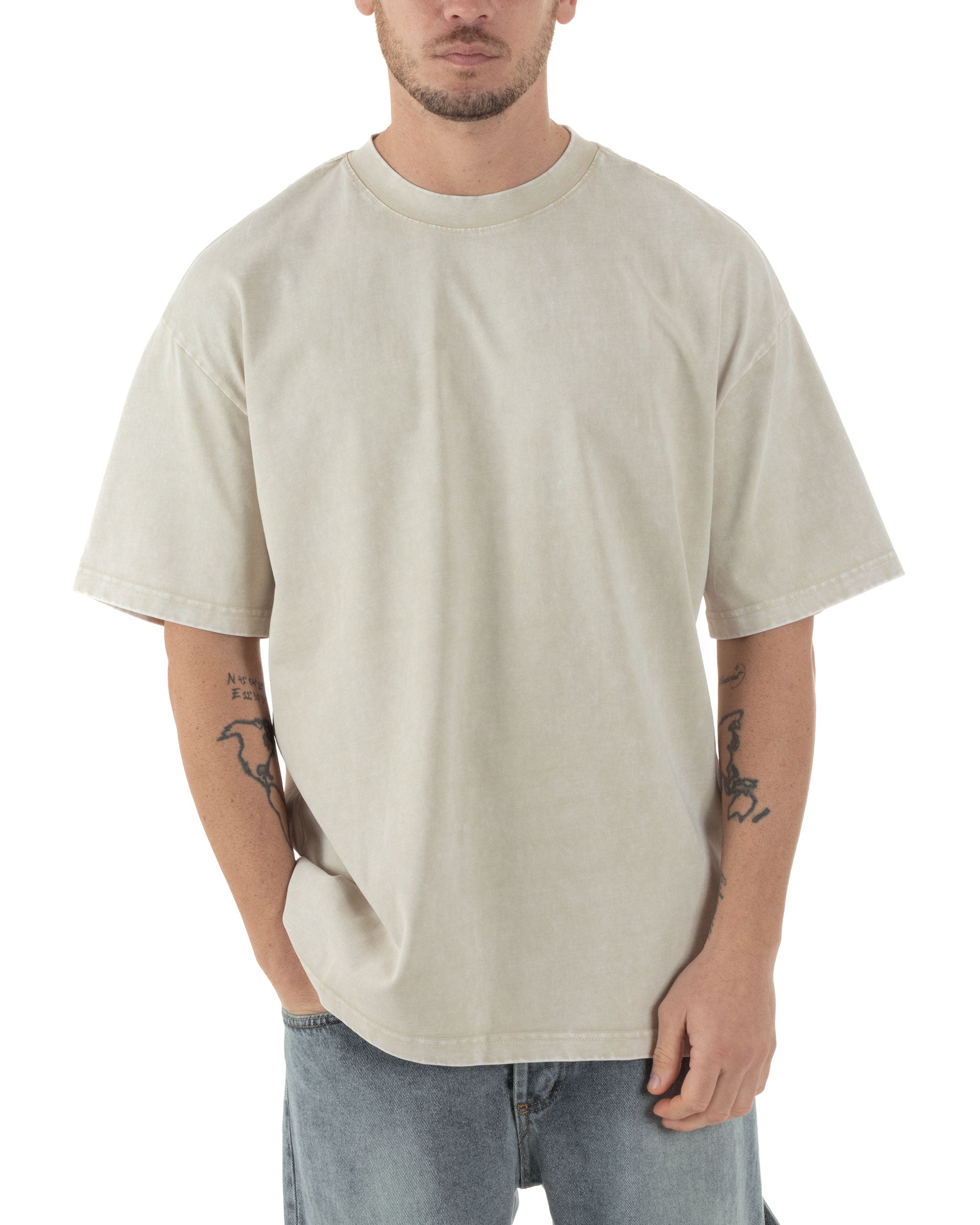T-shirt Uomo Girocollo Cotone Slavato Maglia Mezze Maniche Tie Dye Basic Oversize Casual Tinta Unita Beige GIOSAL-TS3091A