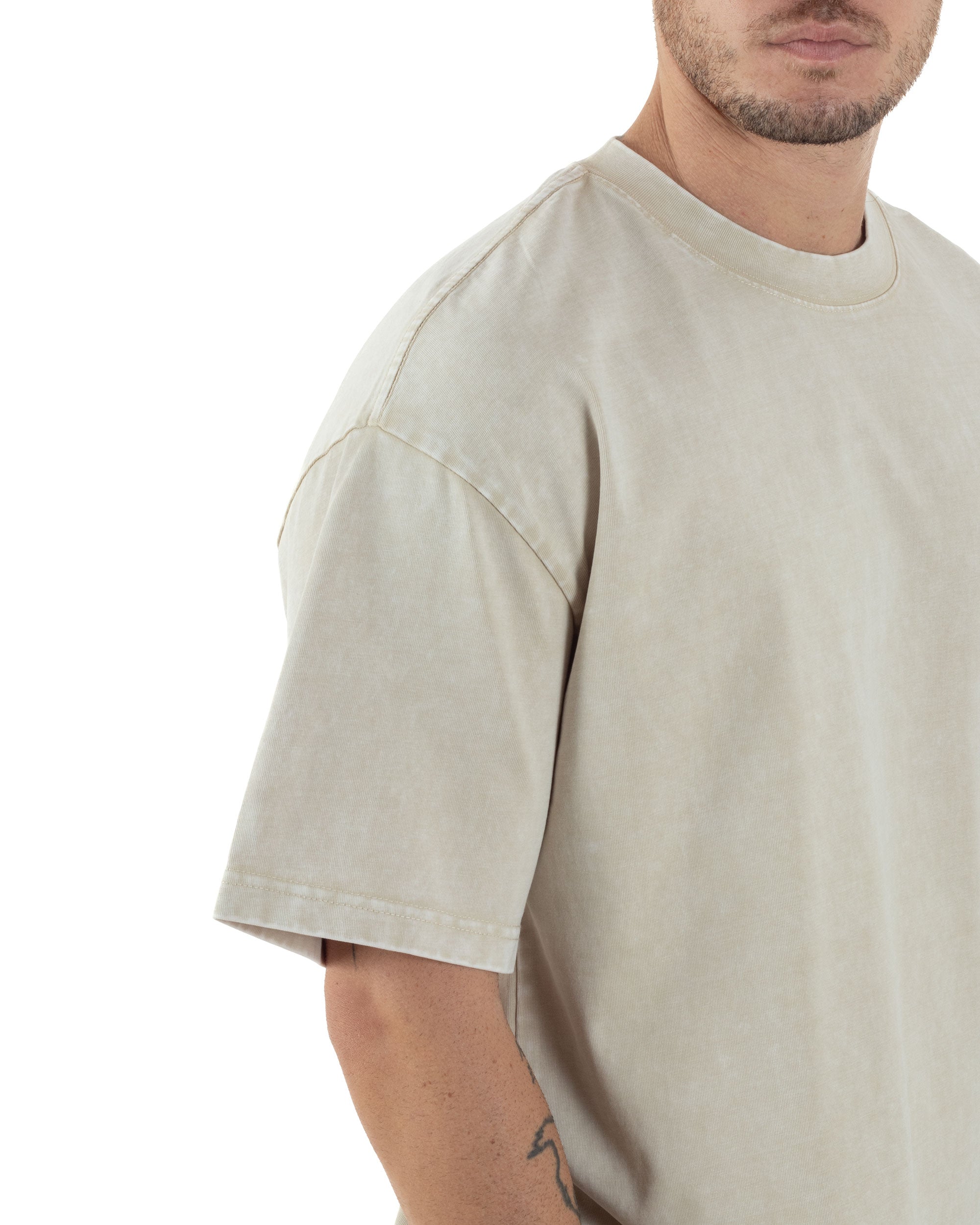 T-shirt Uomo Girocollo Cotone Slavato Maglia Mezze Maniche Tie Dye Basic Oversize Casual Tinta Unita Beige GIOSAL-TS3091A