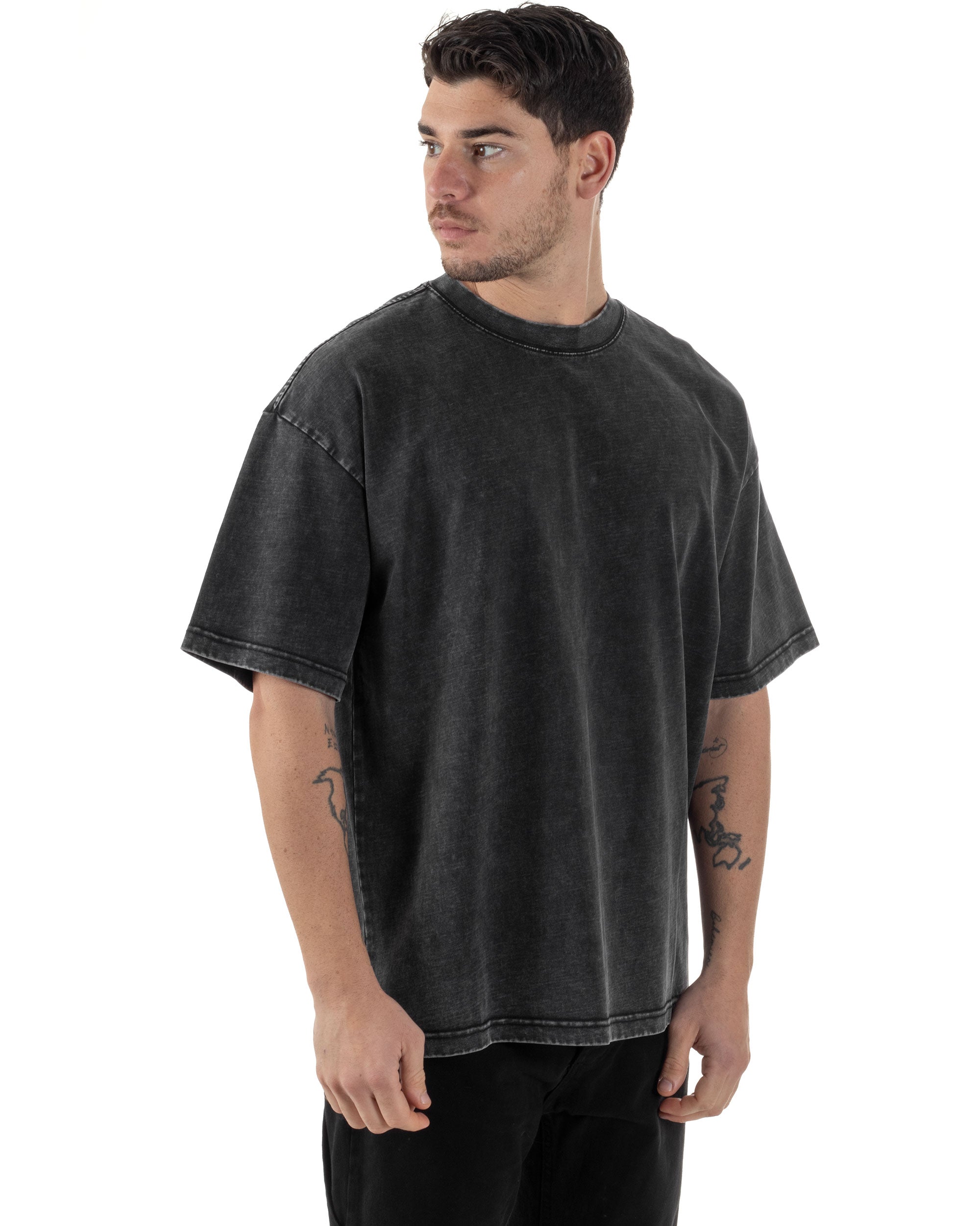 T-shirt Uomo Girocollo Cotone Slavato Maglia Mezze Maniche Tie Dye Basic Oversize Casual Tinta Unita Nero GIOSAL-TS3092A