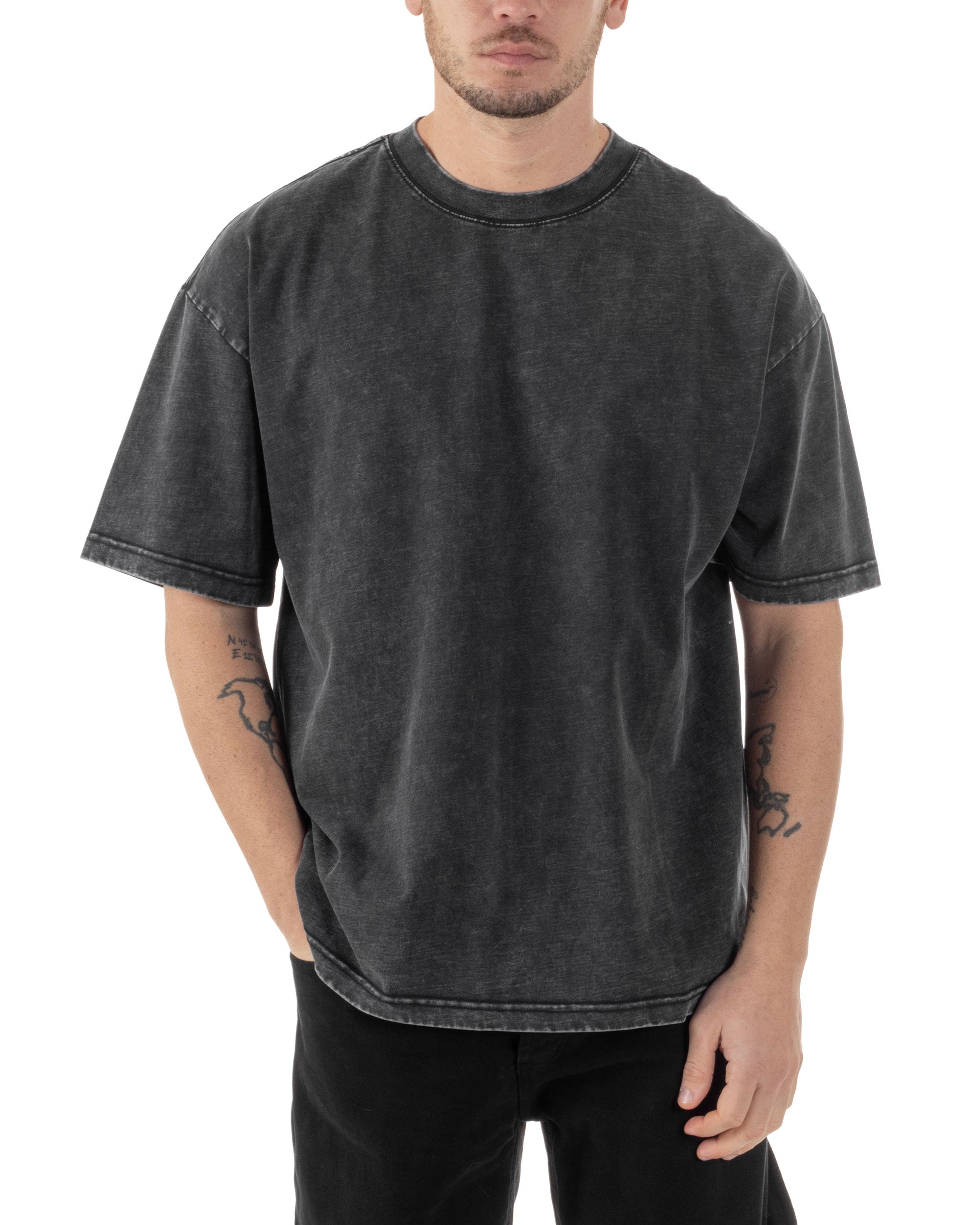 T-shirt Uomo Girocollo Cotone Slavato Maglia Mezze Maniche Tie Dye Basic Oversize Casual Tinta Unita Nero GIOSAL-TS3092A