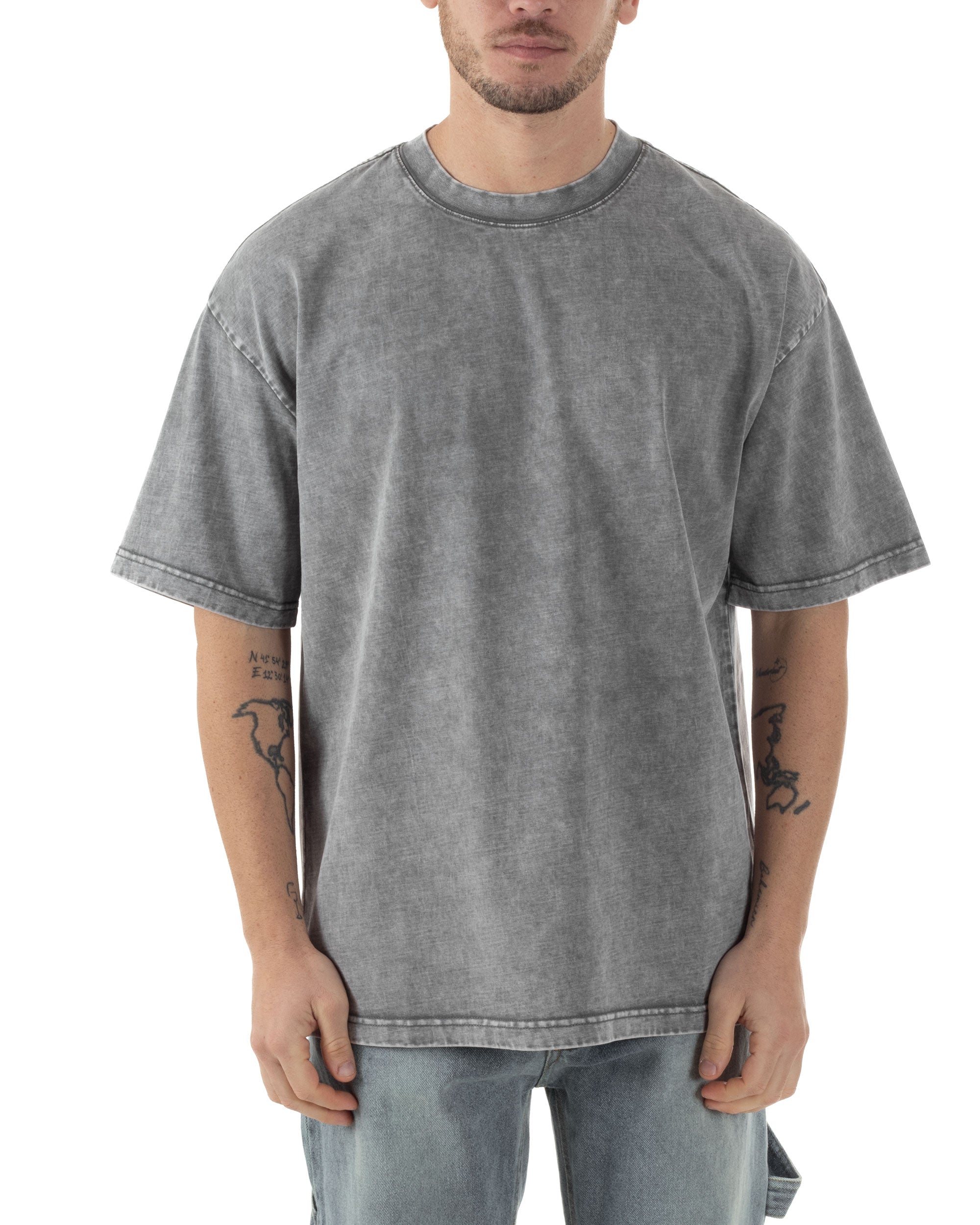 T-shirt Uomo Girocollo Cotone Slavato Maglia Mezze Maniche Tie Dye Basic Oversize Casual Tinta Unita Grigio GIOSAL-TS3093A